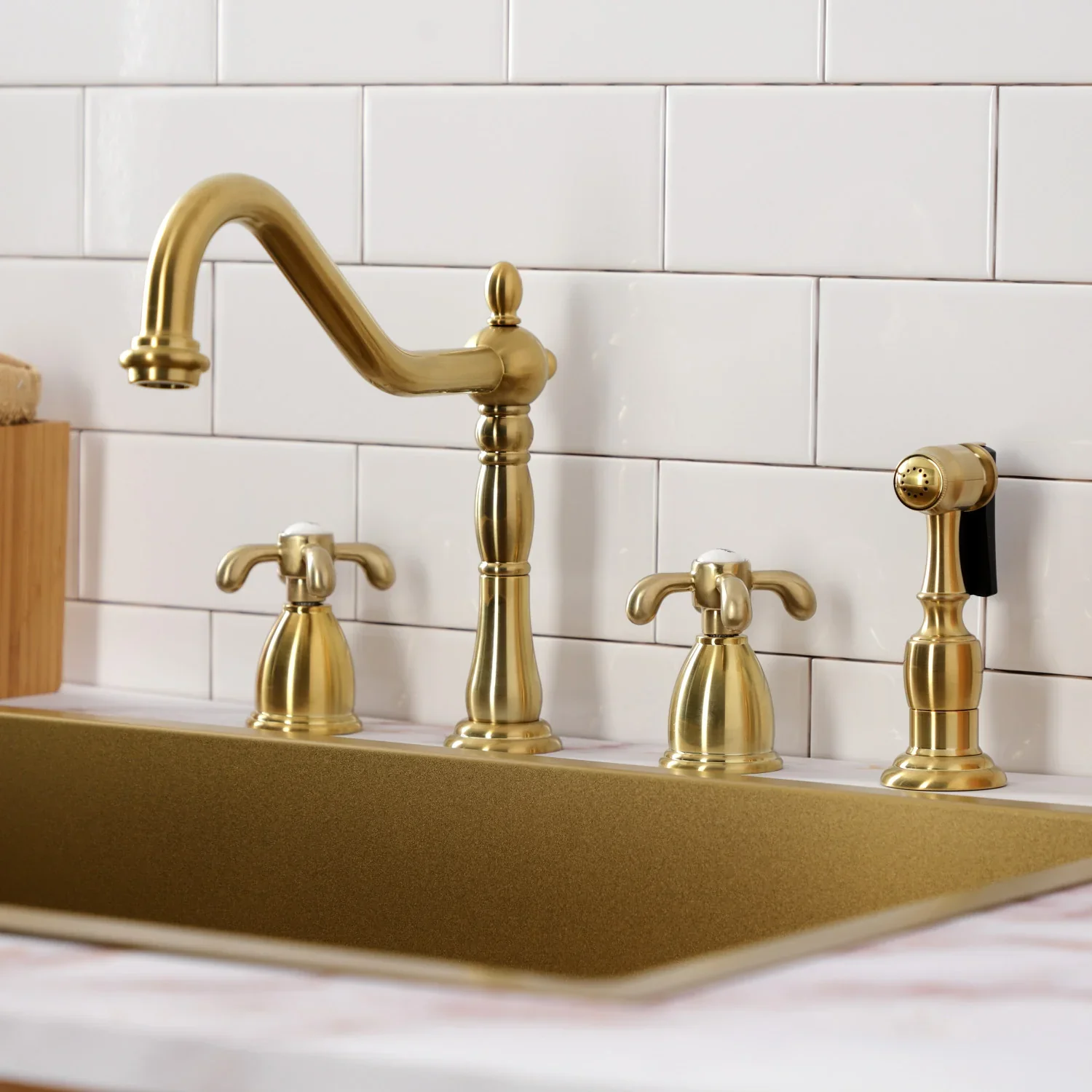 Kingston Brass French Country Double-Handle Widespread Kitchen Faucet with Brass Sprayer, Brushed Brass (KB1797TXBS) - Image 3