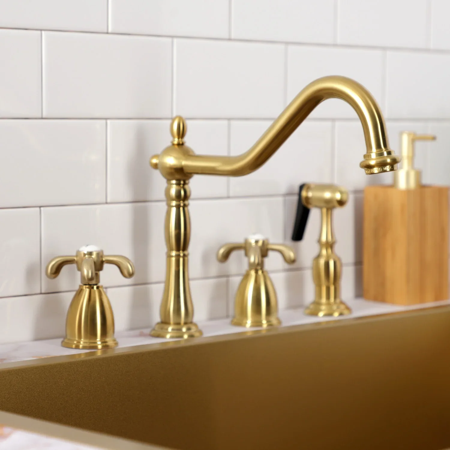 Kingston Brass French Country Double-Handle Widespread Kitchen Faucet with Brass Sprayer, Brushed Brass (KB1797TXBS) - Image 4