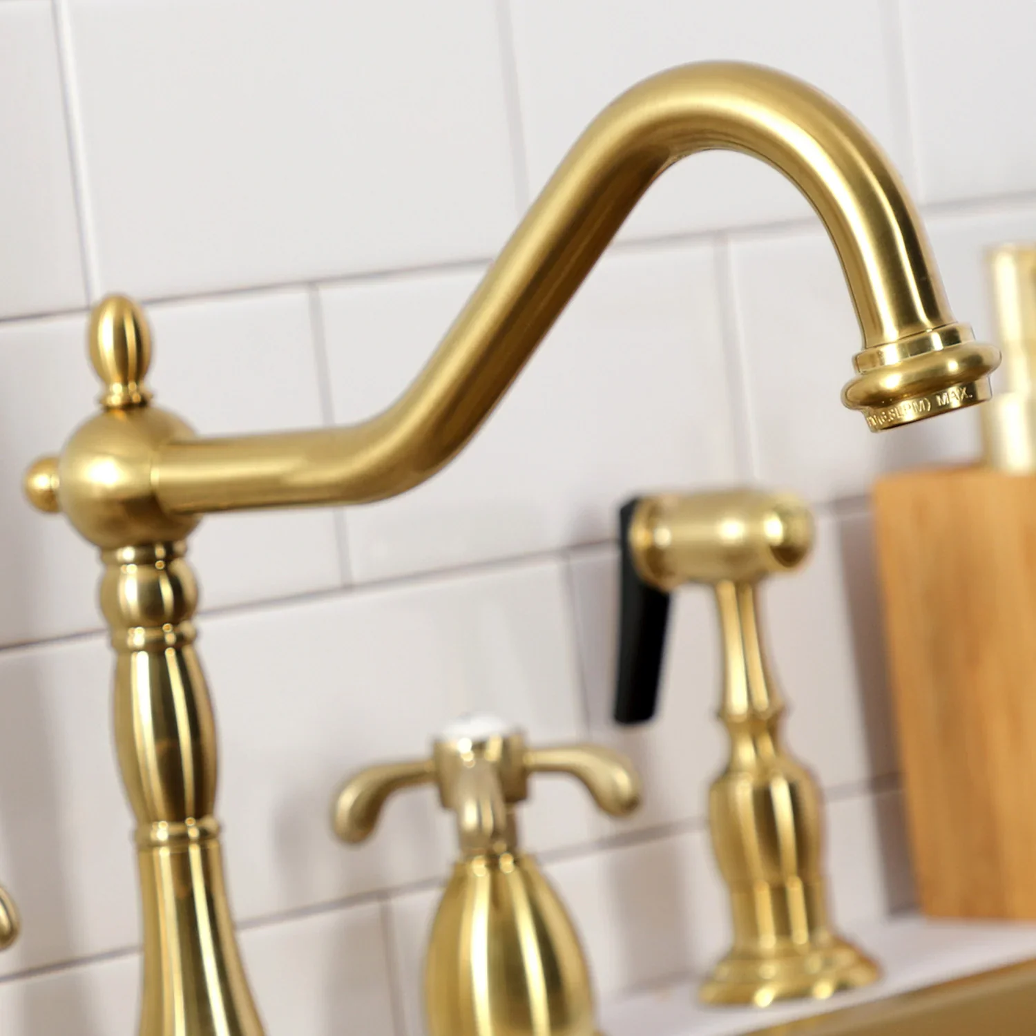 Kingston Brass French Country Double-Handle Widespread Kitchen Faucet with Brass Sprayer, Brushed Brass (KB1797TXBS) - Image 5