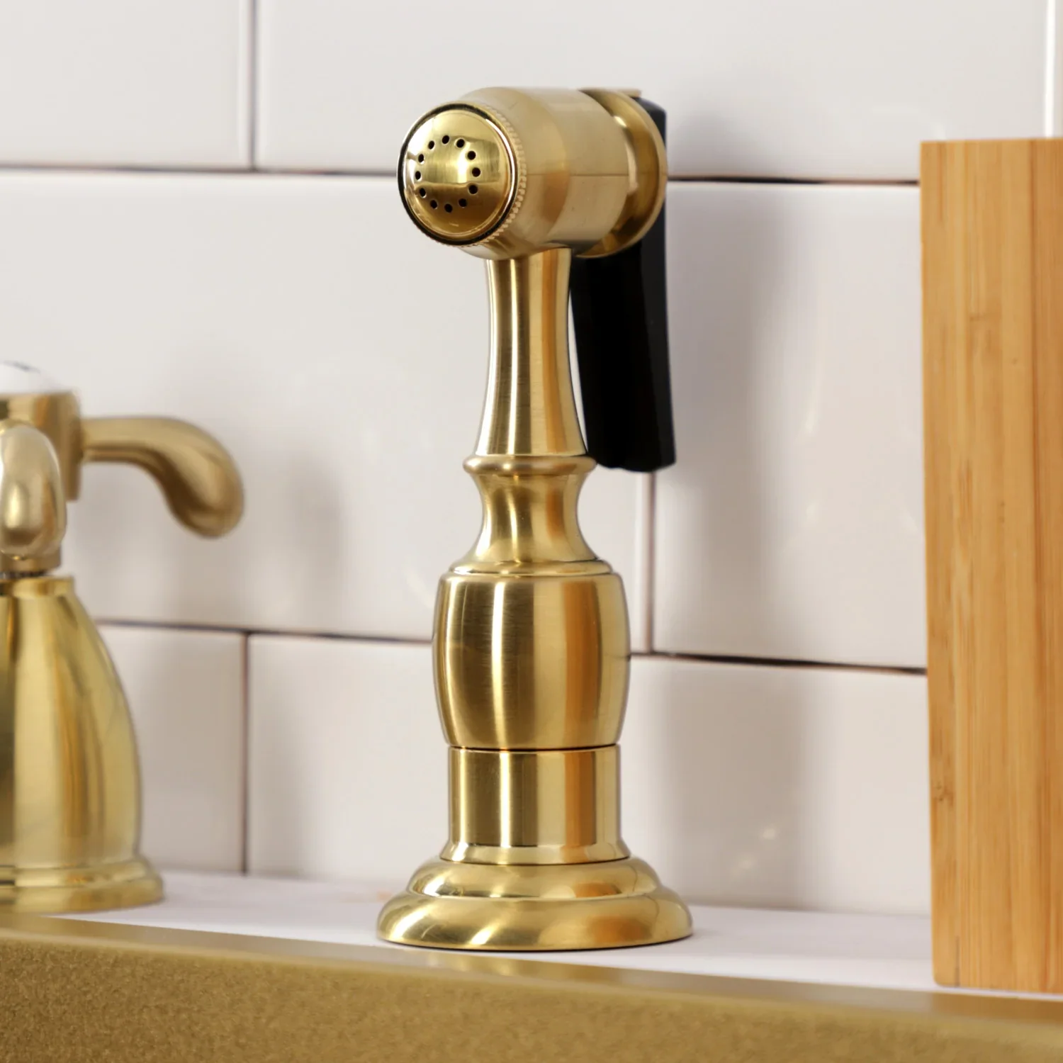 Kingston Brass French Country Double-Handle Widespread Kitchen Faucet with Brass Sprayer, Brushed Brass (KB1797TXBS) - Image 7