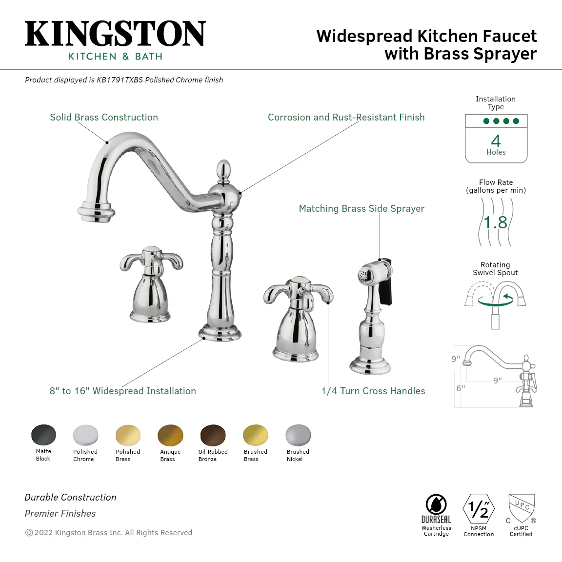 Kingston Brass French Country Double-Handle Widespread Kitchen Faucet with Brass Sprayer, Brushed Brass (KB1797TXBS) - Image 8