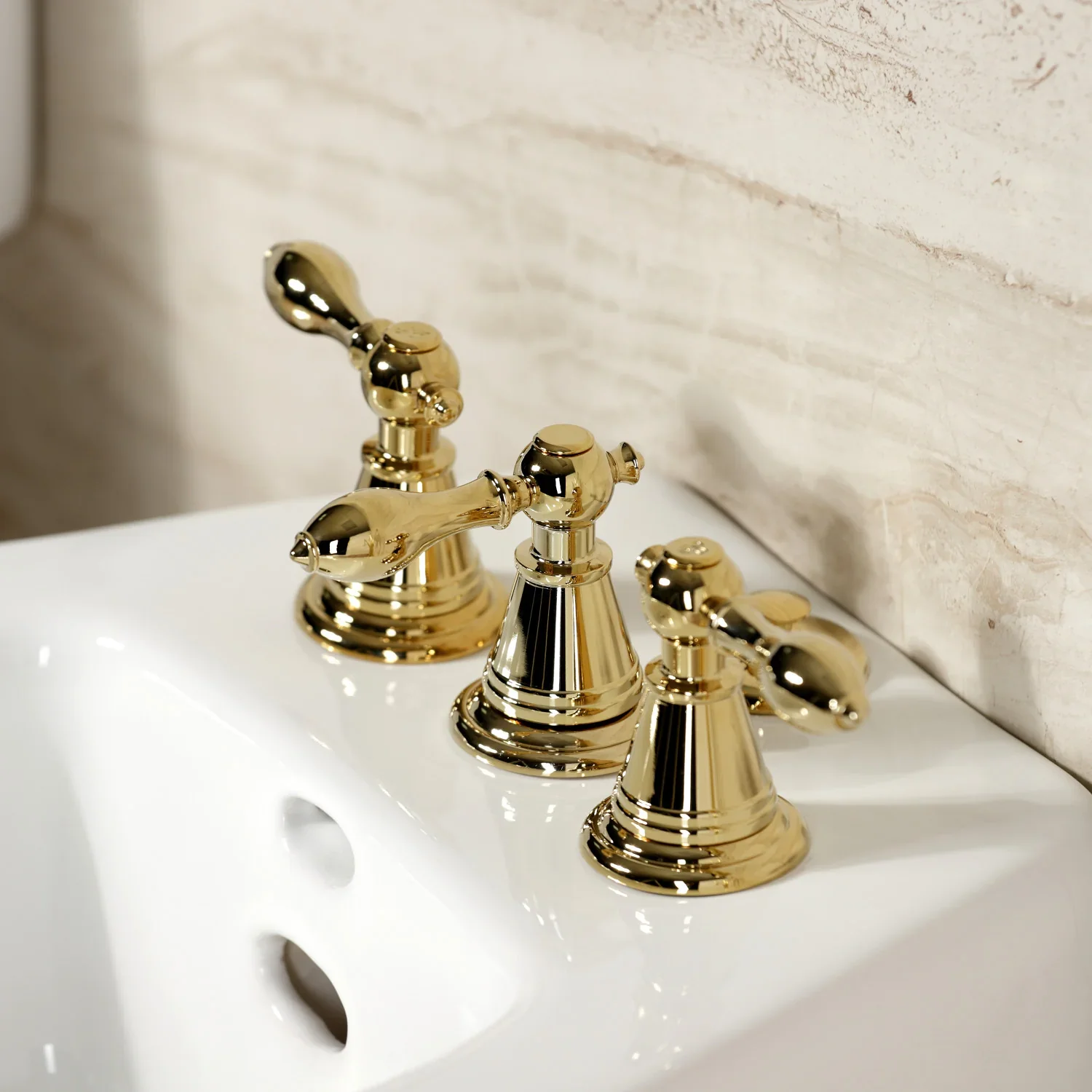 Kingston Brass Victorian Three-Handle Bidet Faucet with Brass Pop-Up, Polished Brass (KB322AL) - Image 3
