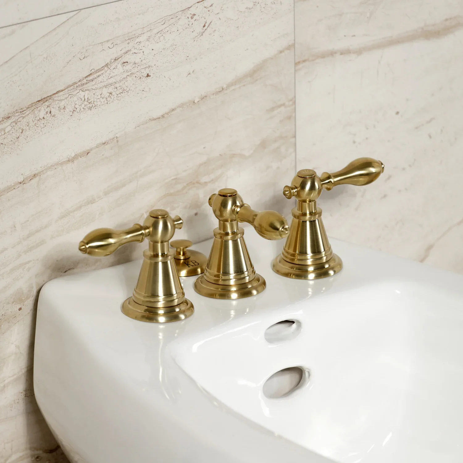 Kingston Brass Victorian Three-Handle Bidet Faucet with Brass Pop-Up, Brushed Brass (KB327AL) - Image 2