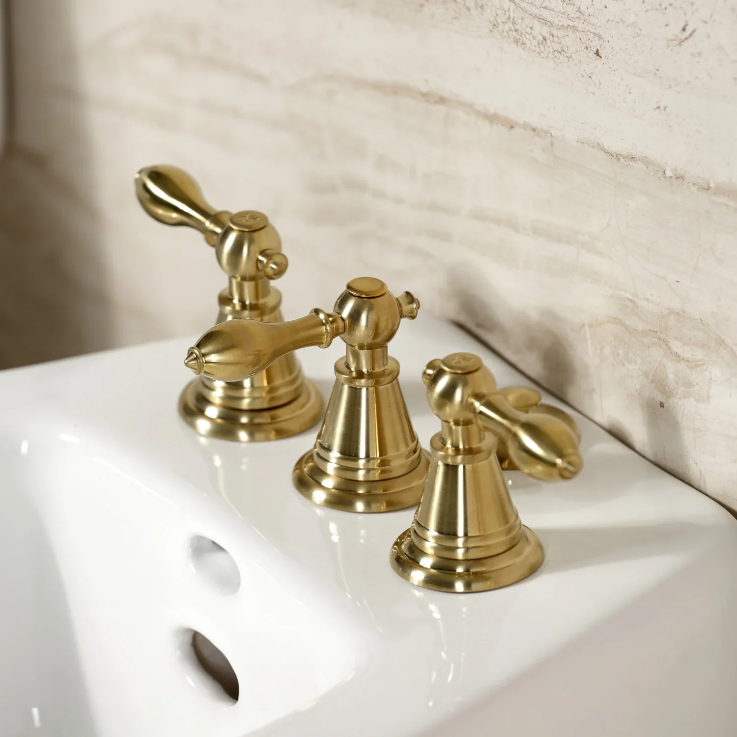 Kingston Brass Victorian Three-Handle Bidet Faucet with Brass Pop-Up, Brushed Brass (KB327AL) - Image 3