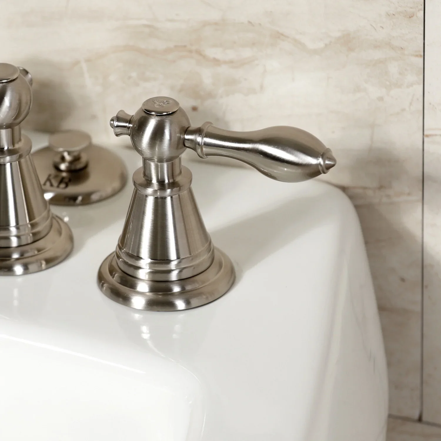 Kingston Brass Victorian Three-Handle Bidet Faucet with Brass Pop-Up, Brushed Nickel (KB328AL) - Image 2