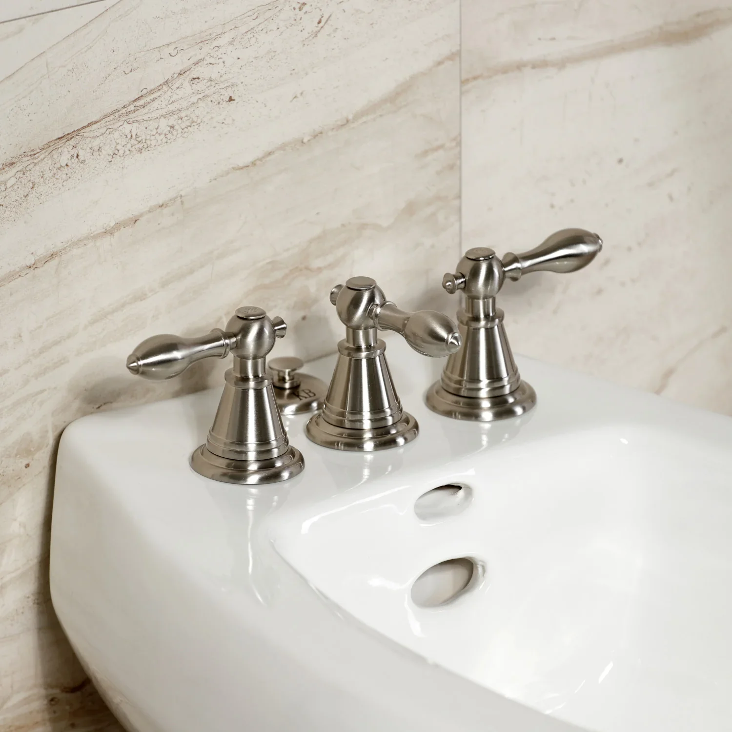 Kingston Brass Victorian Three-Handle Bidet Faucet with Brass Pop-Up, Brushed Nickel (KB328AL) - Image 6
