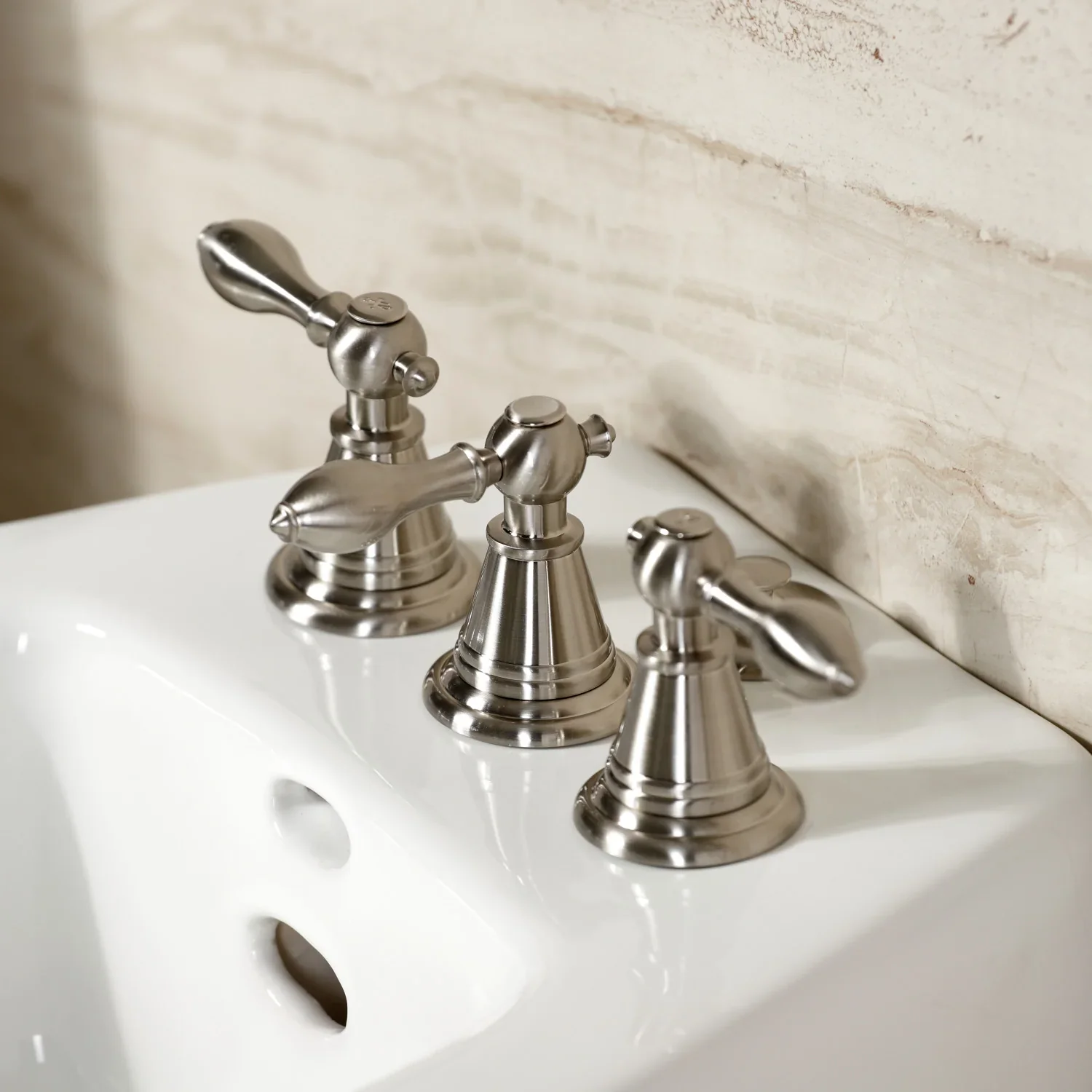 Kingston Brass Victorian Three-Handle Bidet Faucet with Brass Pop-Up, Brushed Nickel (KB328AL) - Image 7