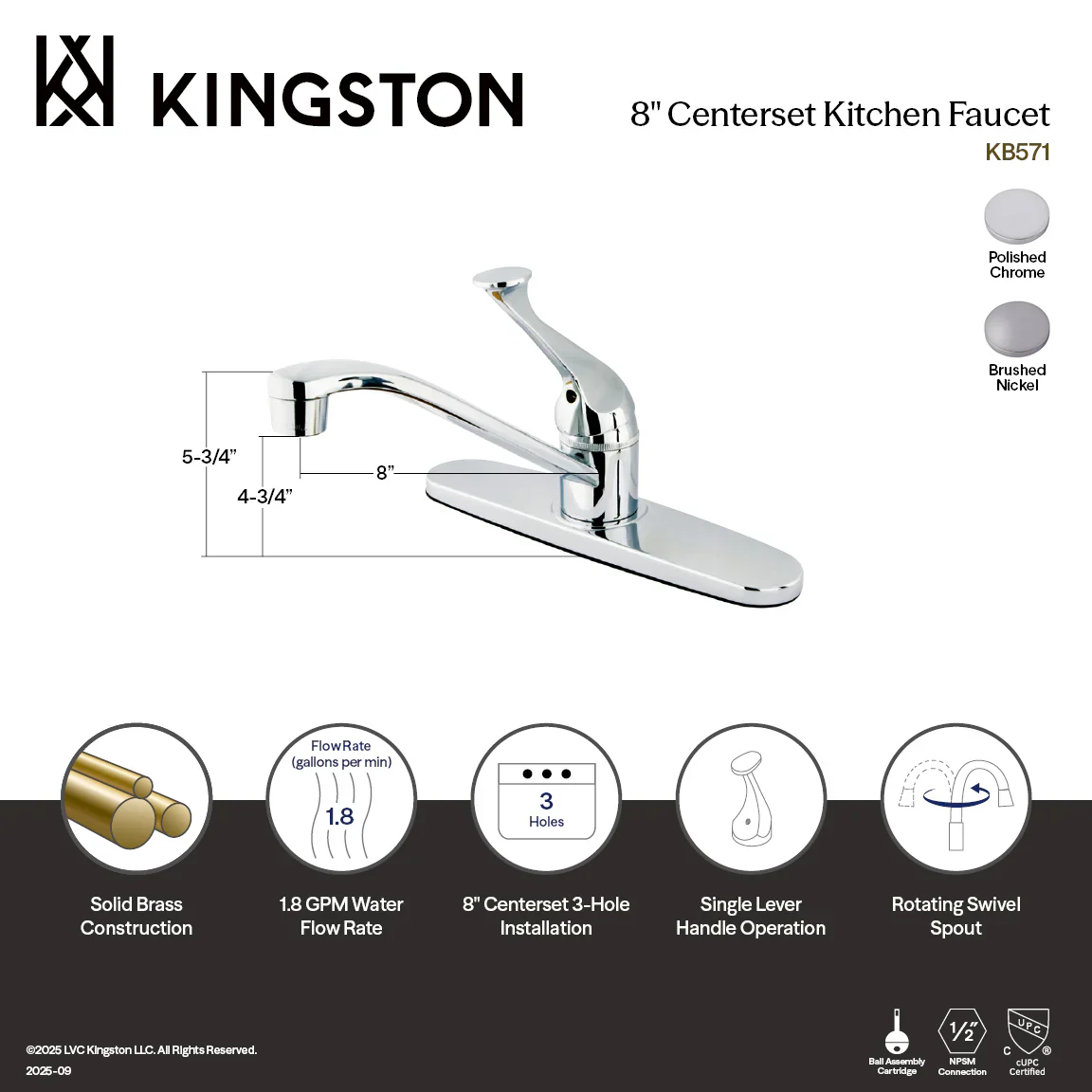 Kingston Brass Chatham Single-Handle 8" Centerset Kitchen Faucet, Polished Chrome (KB571) - Image 2