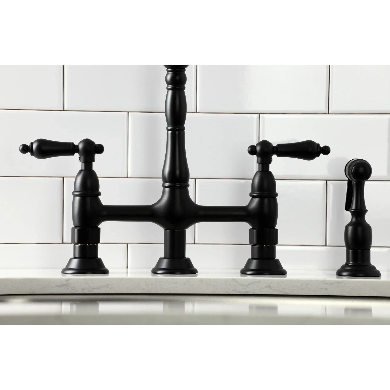 Kingston Brass Heritage Bridge Kitchen Faucet with Brass Side Sprayer, Matte Black (KS1270ALBS) - Image 2