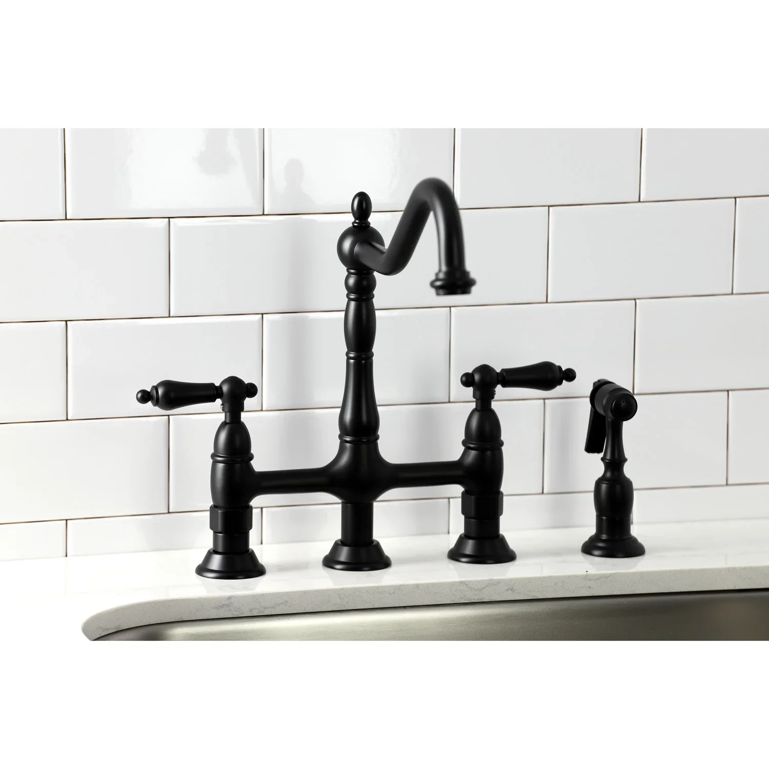 Kingston Brass Heritage Bridge Kitchen Faucet with Brass Side Sprayer, Matte Black (KS1270ALBS) - Image 3
