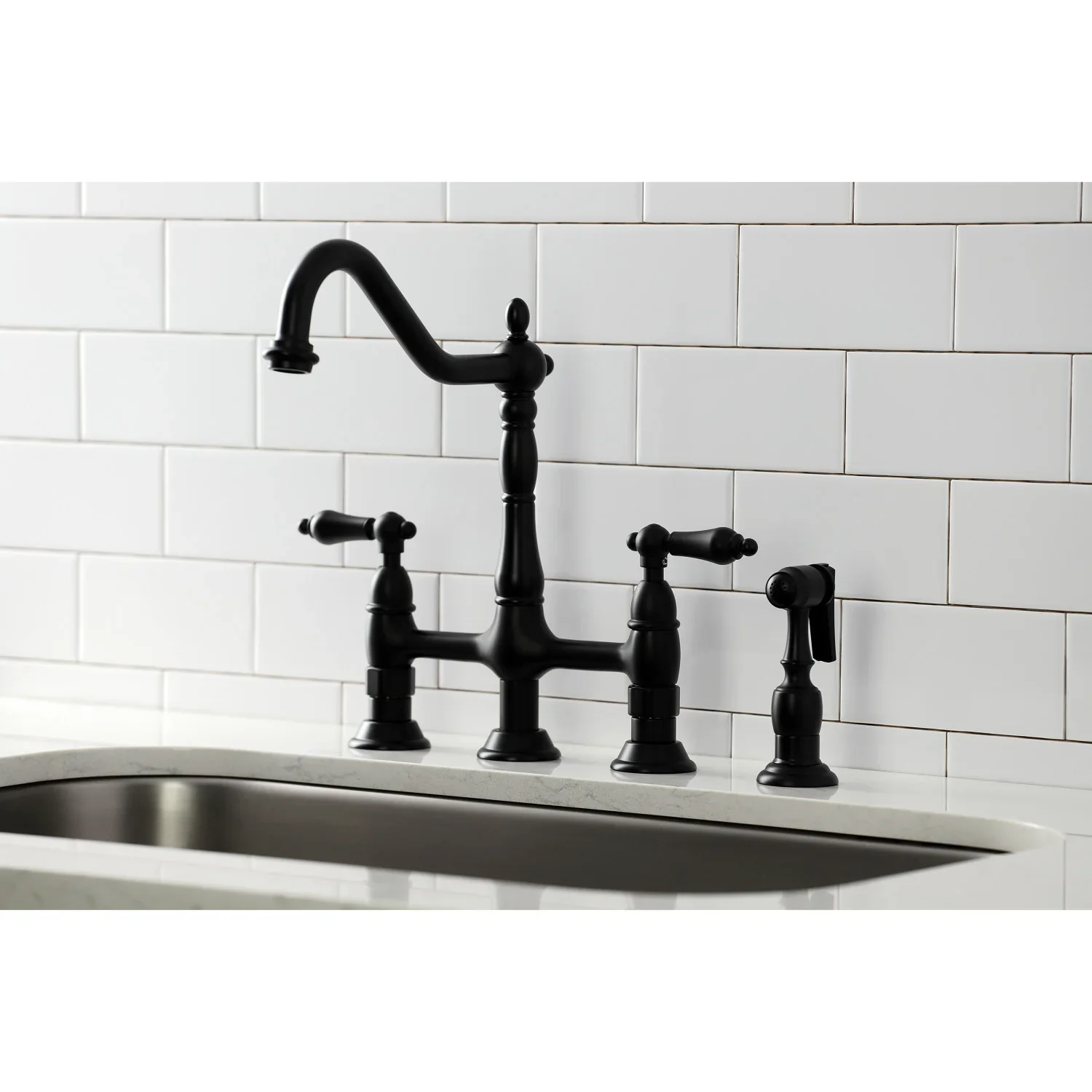 Kingston Brass Heritage Bridge Kitchen Faucet with Brass Side Sprayer, Matte Black (KS1270ALBS) - Image 4