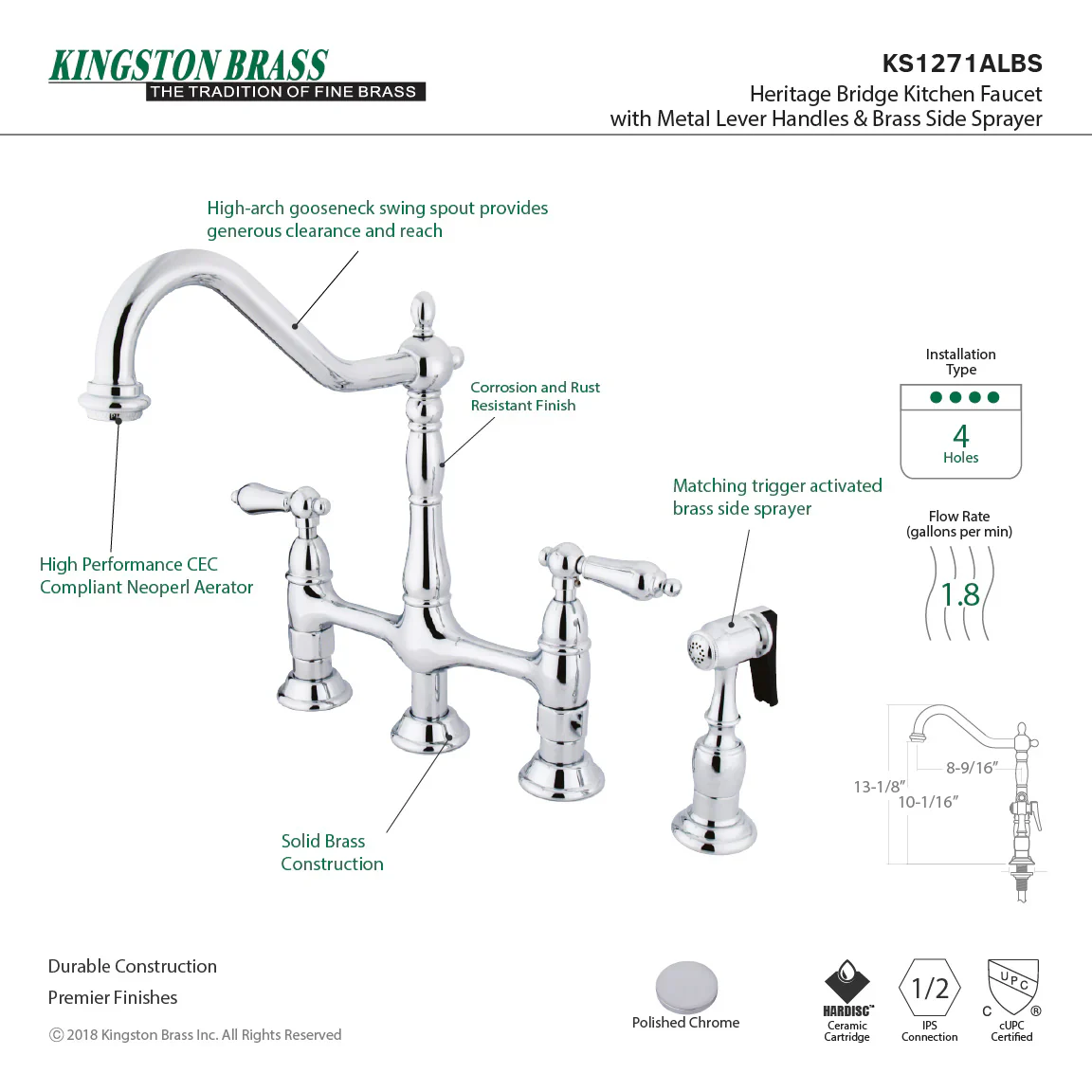Kingston Brass Heritage Bridge Kitchen Faucet with Brass Side Sprayer, Polished Chrome (KS1271ALBS) - Image 10