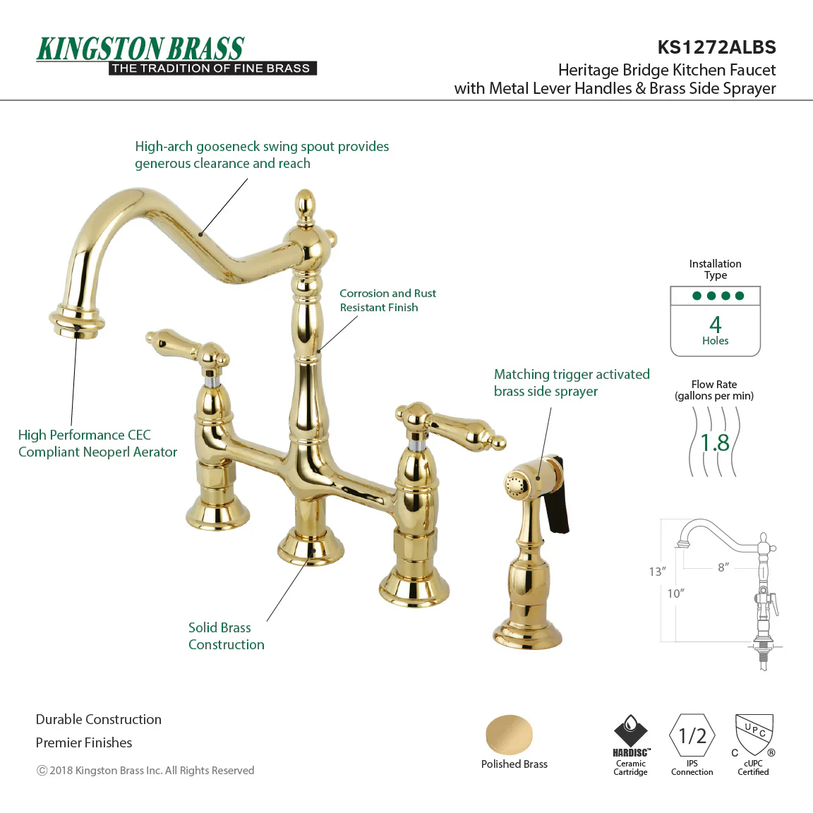 Kingston Brass Heritage Bridge Kitchen Faucet with Brass Side Sprayer, Polished Brass (KS1272ALBS) - Image 15