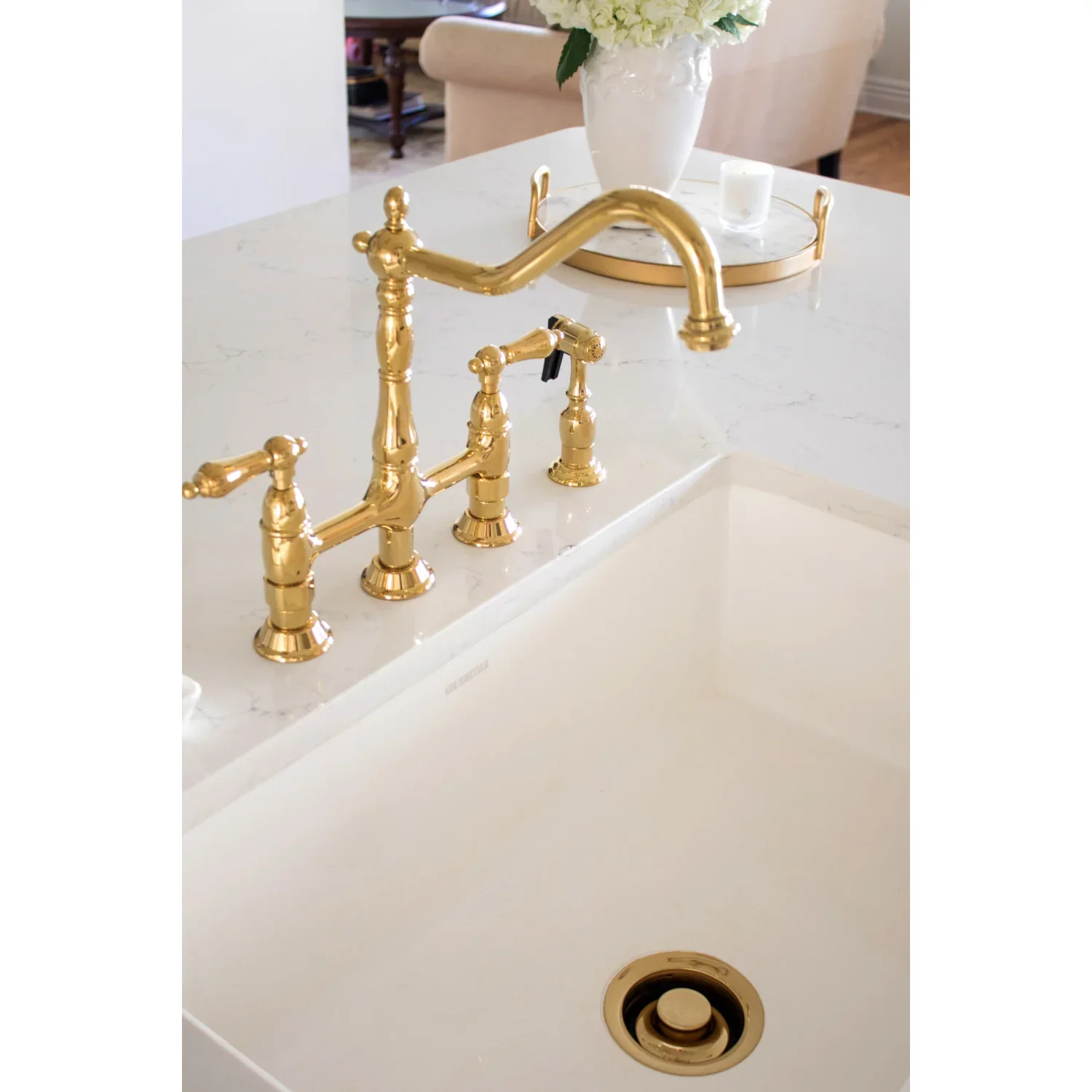 Kingston Brass Heritage Bridge Kitchen Faucet with Brass Side Sprayer, Polished Brass (KS1272ALBS) - Image 4