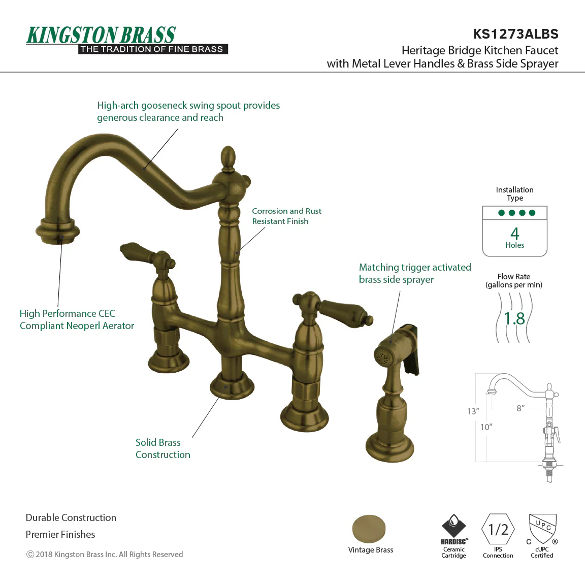 Kingston Brass Heritage Bridge Kitchen Faucet with Brass Side Sprayer, Antique Brass (KS1273ALBS) - Image 10