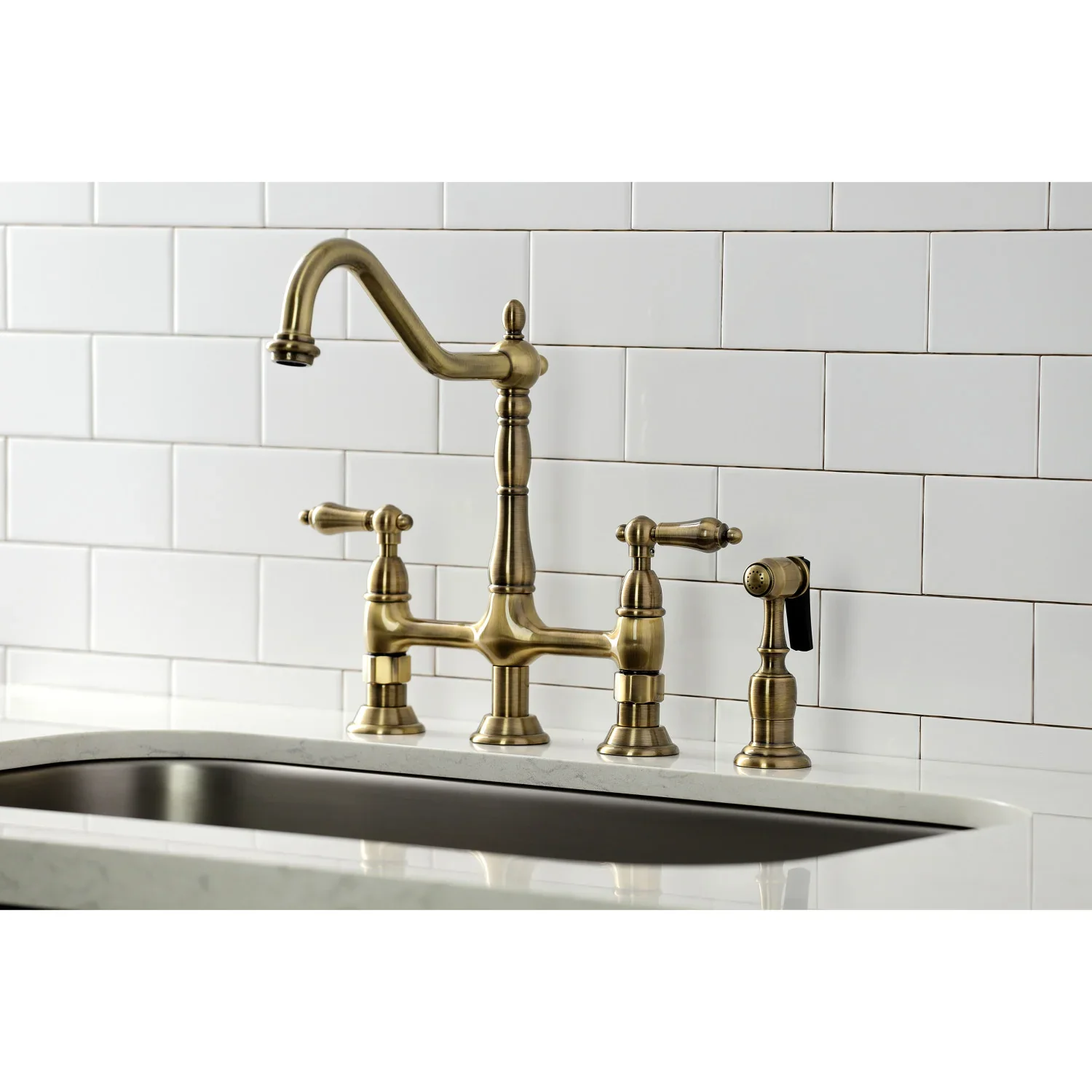Kingston Brass Heritage Bridge Kitchen Faucet with Brass Side Sprayer, Antique Brass (KS1273ALBS) - Image 2