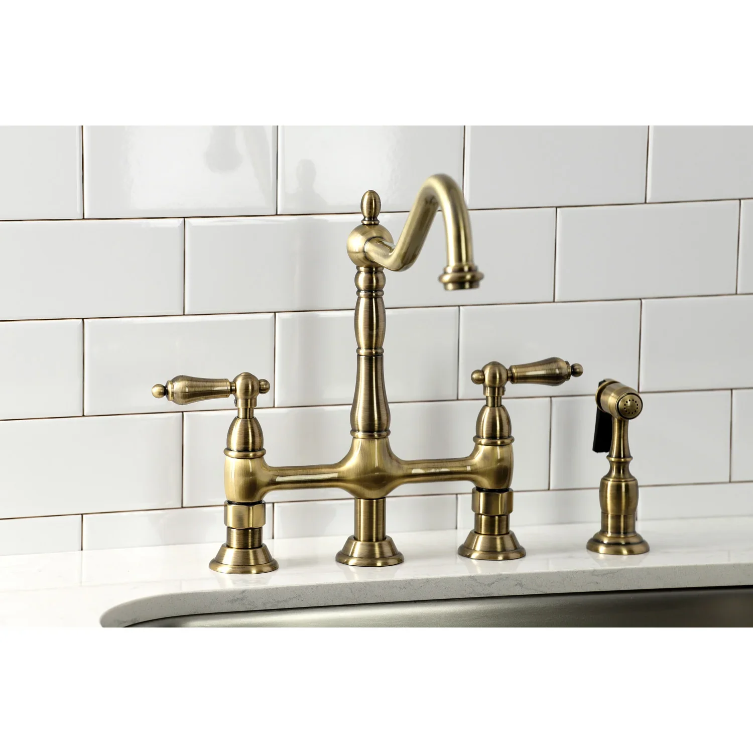 Kingston Brass Heritage Bridge Kitchen Faucet with Brass Side Sprayer, Antique Brass (KS1273ALBS) - Image 3