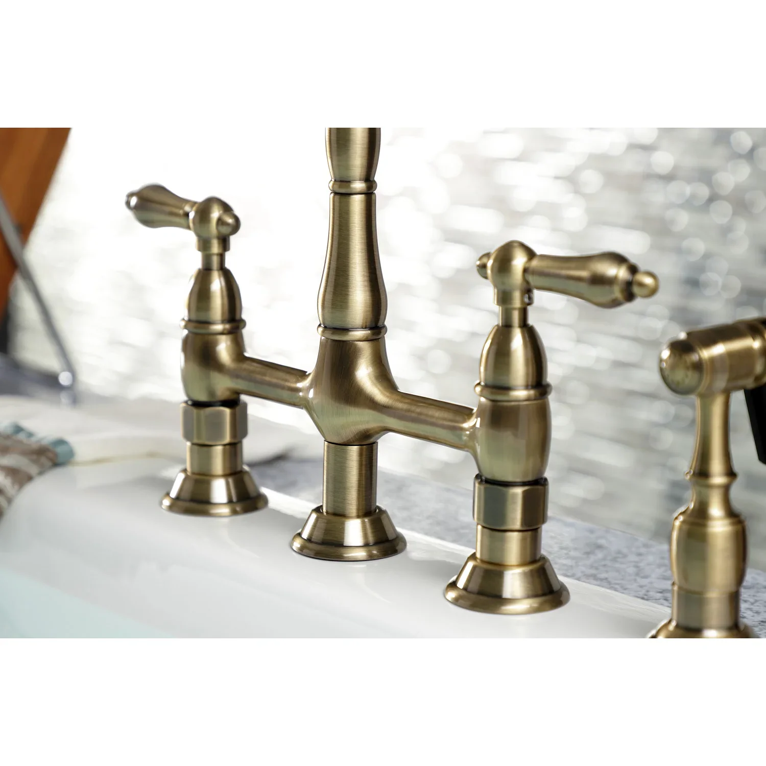 Kingston Brass Heritage Bridge Kitchen Faucet with Brass Side Sprayer, Antique Brass (KS1273ALBS) - Image 4