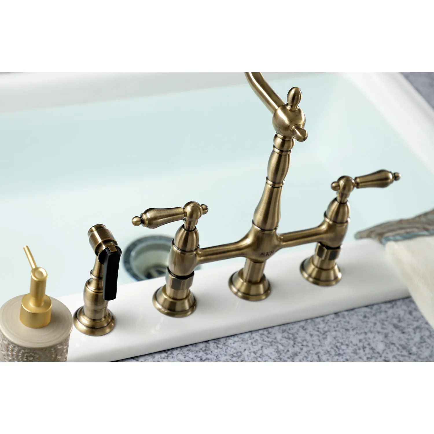 Kingston Brass Heritage Bridge Kitchen Faucet with Brass Side Sprayer, Antique Brass (KS1273ALBS) - Image 5
