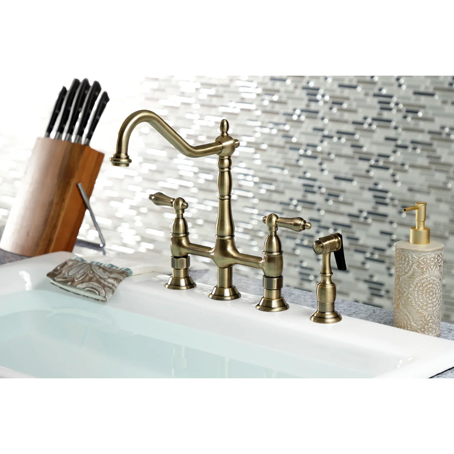 Kingston Brass Heritage Bridge Kitchen Faucet with Brass Side Sprayer, Antique Brass (KS1273ALBS) - Image 6
