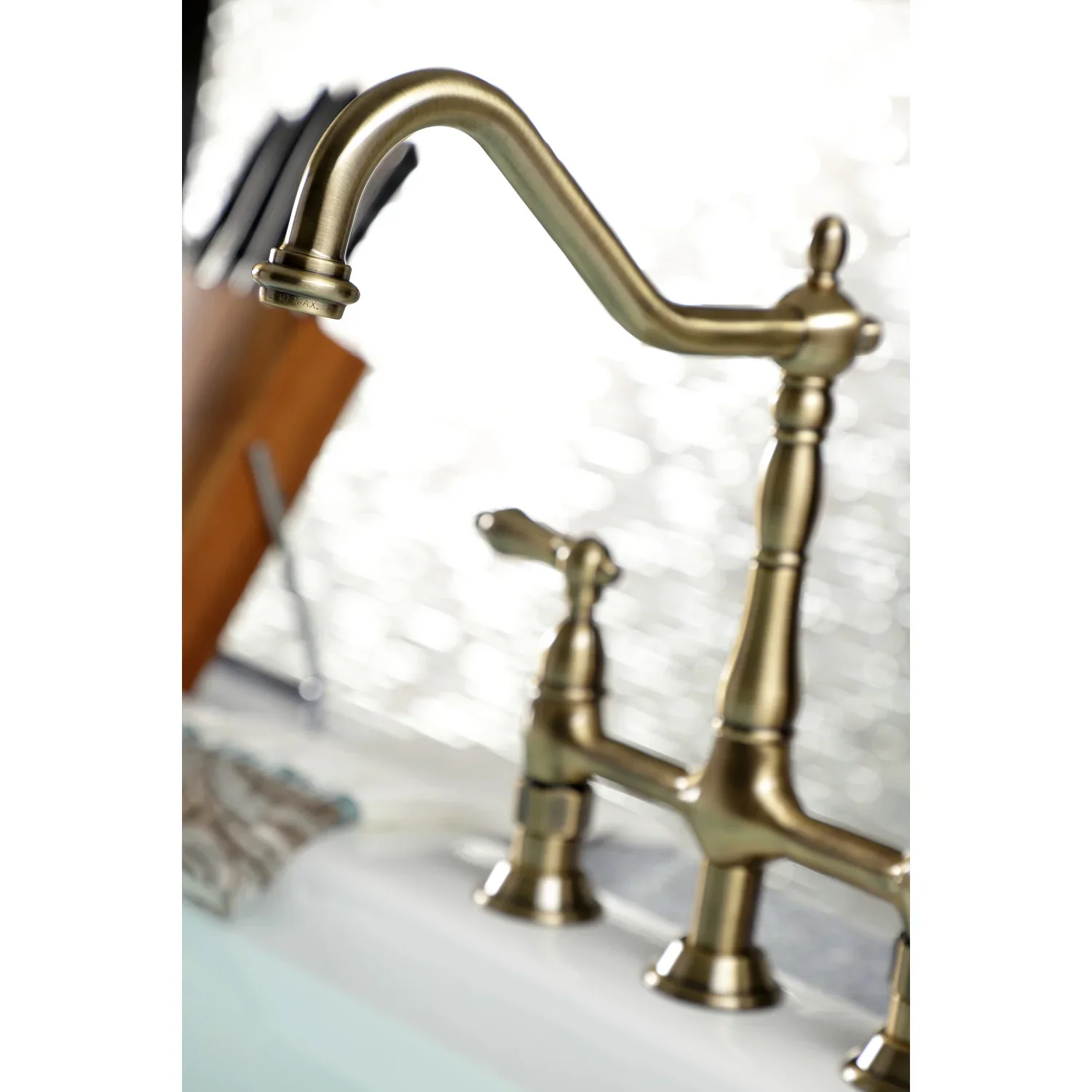 Kingston Brass Heritage Bridge Kitchen Faucet with Brass Side Sprayer, Antique Brass (KS1273ALBS) - Image 7