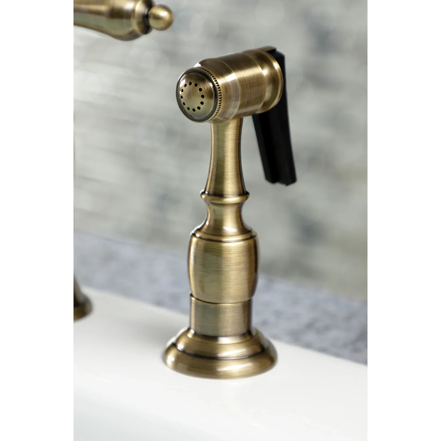 Kingston Brass Heritage Bridge Kitchen Faucet with Brass Side Sprayer, Antique Brass (KS1273ALBS) - Image 9