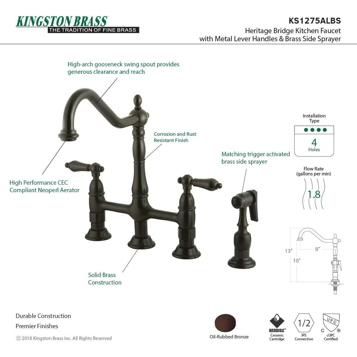 Kingston Brass Heritage Bridge Kitchen Faucet with Brass Side Sprayer, Oil Rubbed Bronze (KS1275ALBS) - Image 2