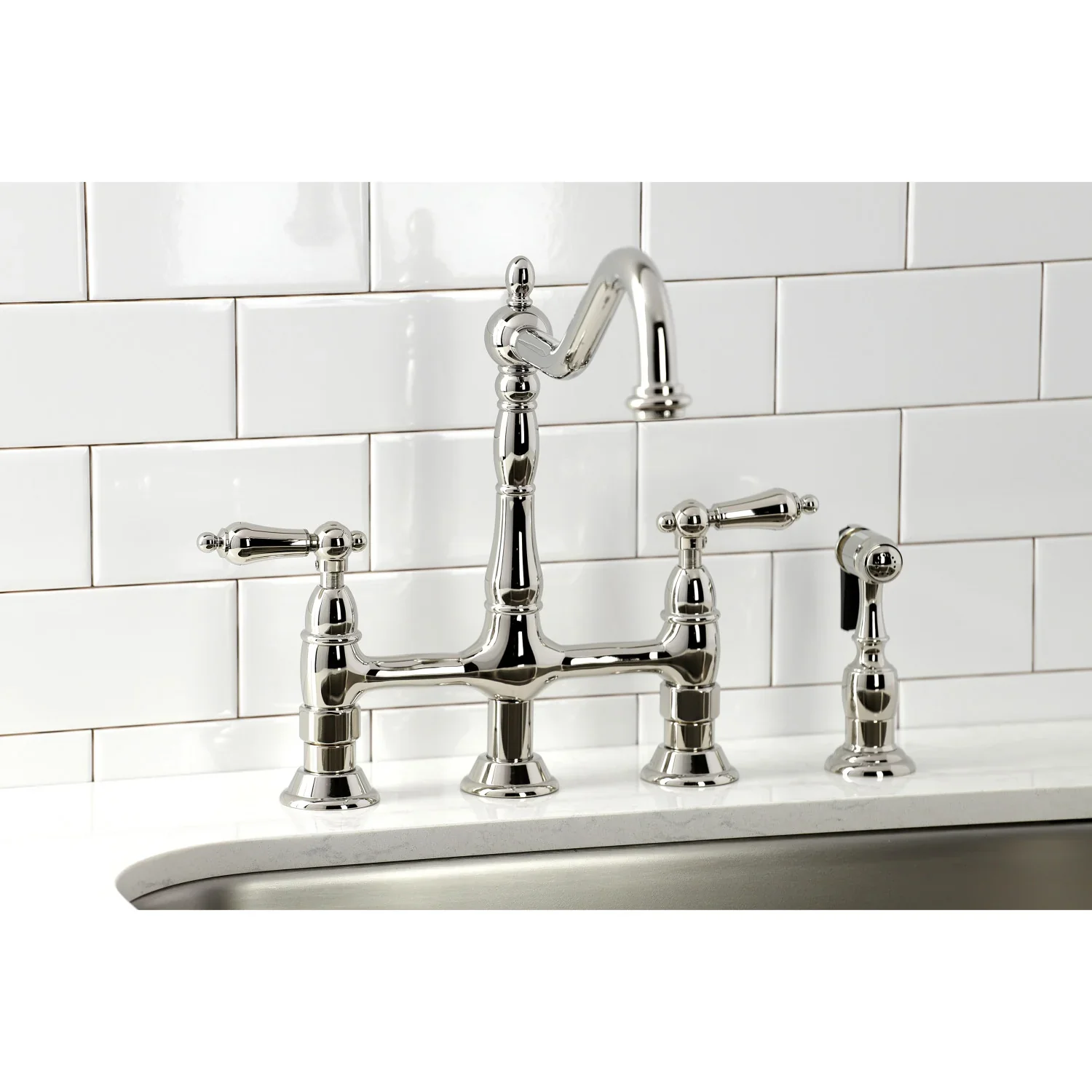 Kingston Brass Heritage Bridge Kitchen Faucet with Brass Side Sprayer, Polished Nickel (KS1276ALBS) - Image 2