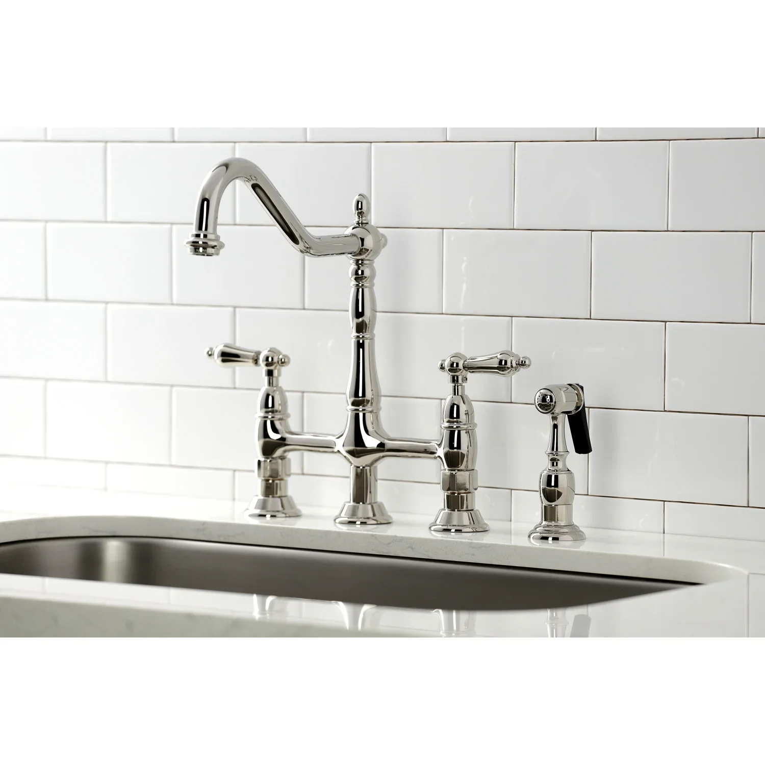 Kingston Brass Heritage Bridge Kitchen Faucet with Brass Side Sprayer, Polished Nickel (KS1276ALBS) - Image 3
