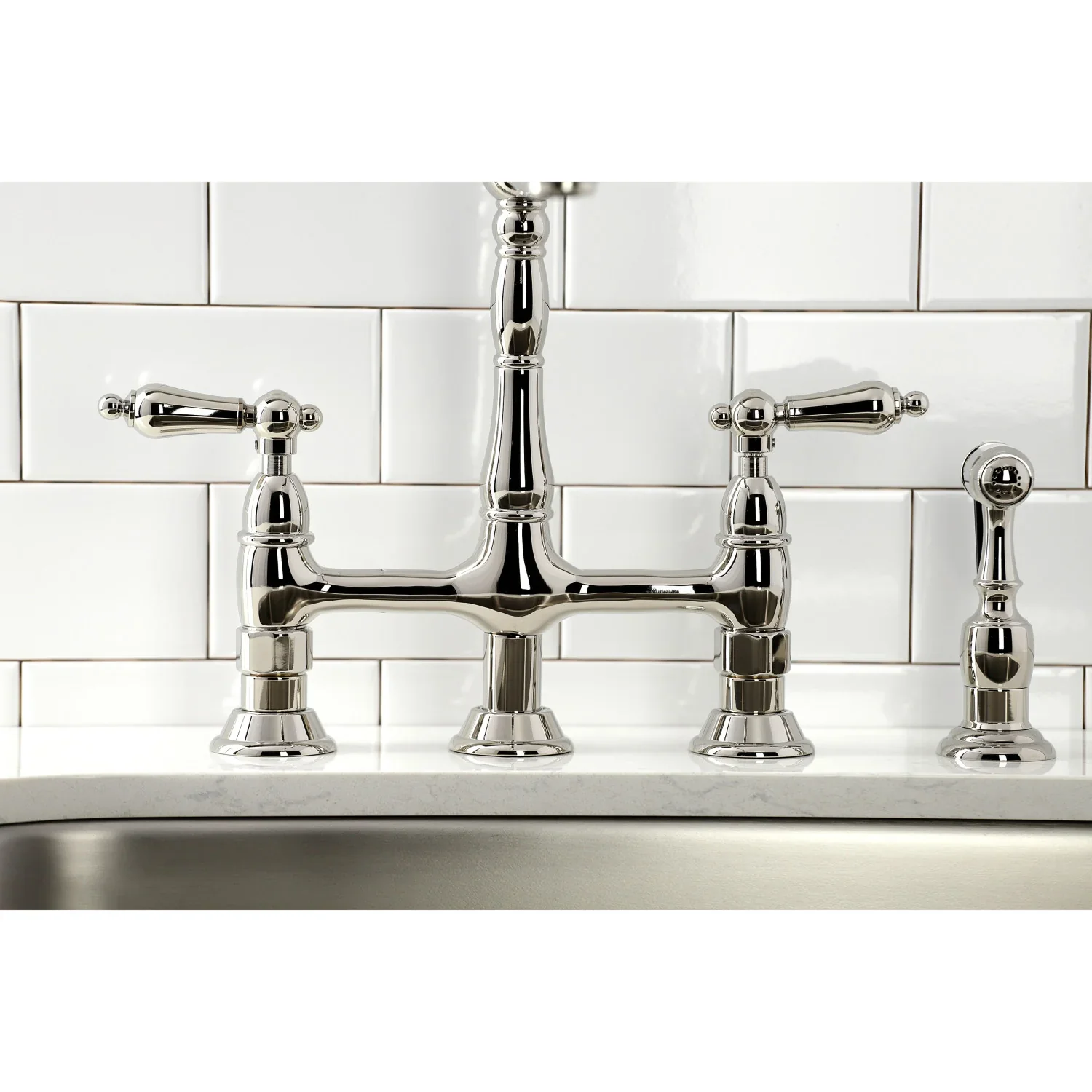 Kingston Brass Heritage Bridge Kitchen Faucet with Brass Side Sprayer, Polished Nickel (KS1276ALBS) - Image 5