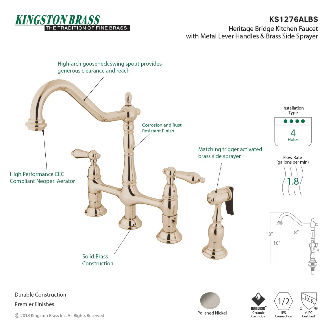 Kingston Brass Heritage Bridge Kitchen Faucet with Brass Side Sprayer, Polished Nickel (KS1276ALBS) - Image 8