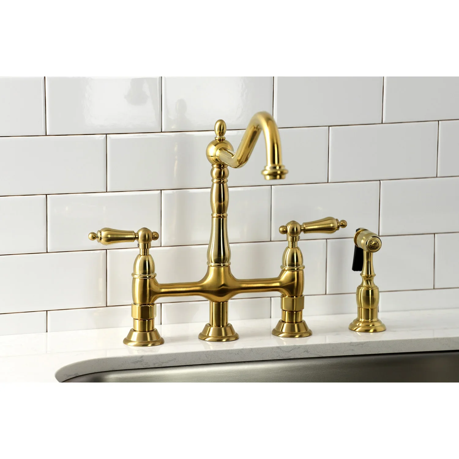Kingston Brass Heritage Bridge Kitchen Faucet with Brass Side Sprayer, Brushed Brass (KS1277ALBS) - Image 2