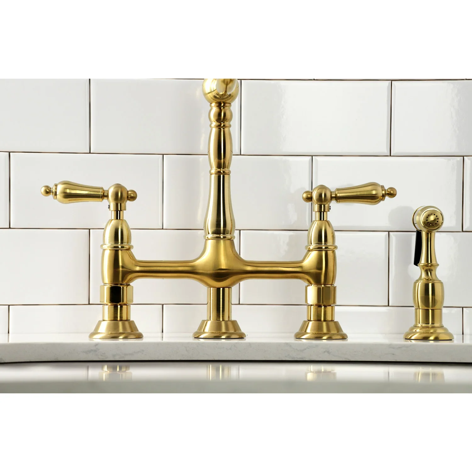 Kingston Brass Heritage Bridge Kitchen Faucet with Brass Side Sprayer, Brushed Brass (KS1277ALBS) - Image 3