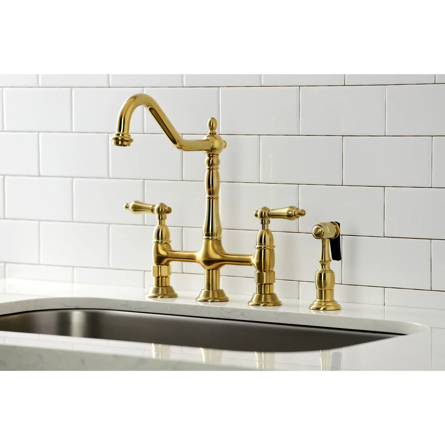 Kingston Brass Heritage Bridge Kitchen Faucet with Brass Side Sprayer, Brushed Brass (KS1277ALBS) - Image 4