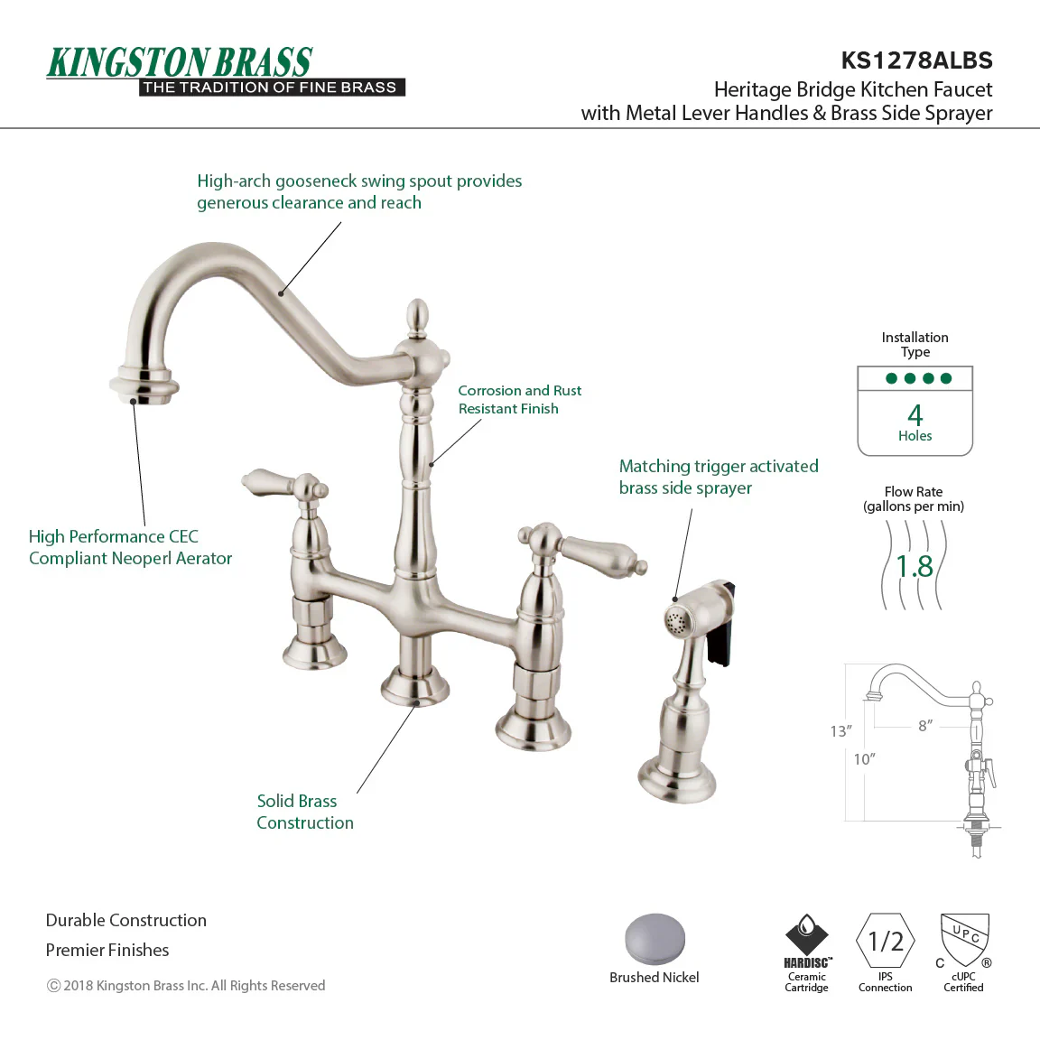 Kingston Brass Heritage Bridge Kitchen Faucet with Brass Side Sprayer, Brushed Nickel (KS1278ALBS) - Image 2