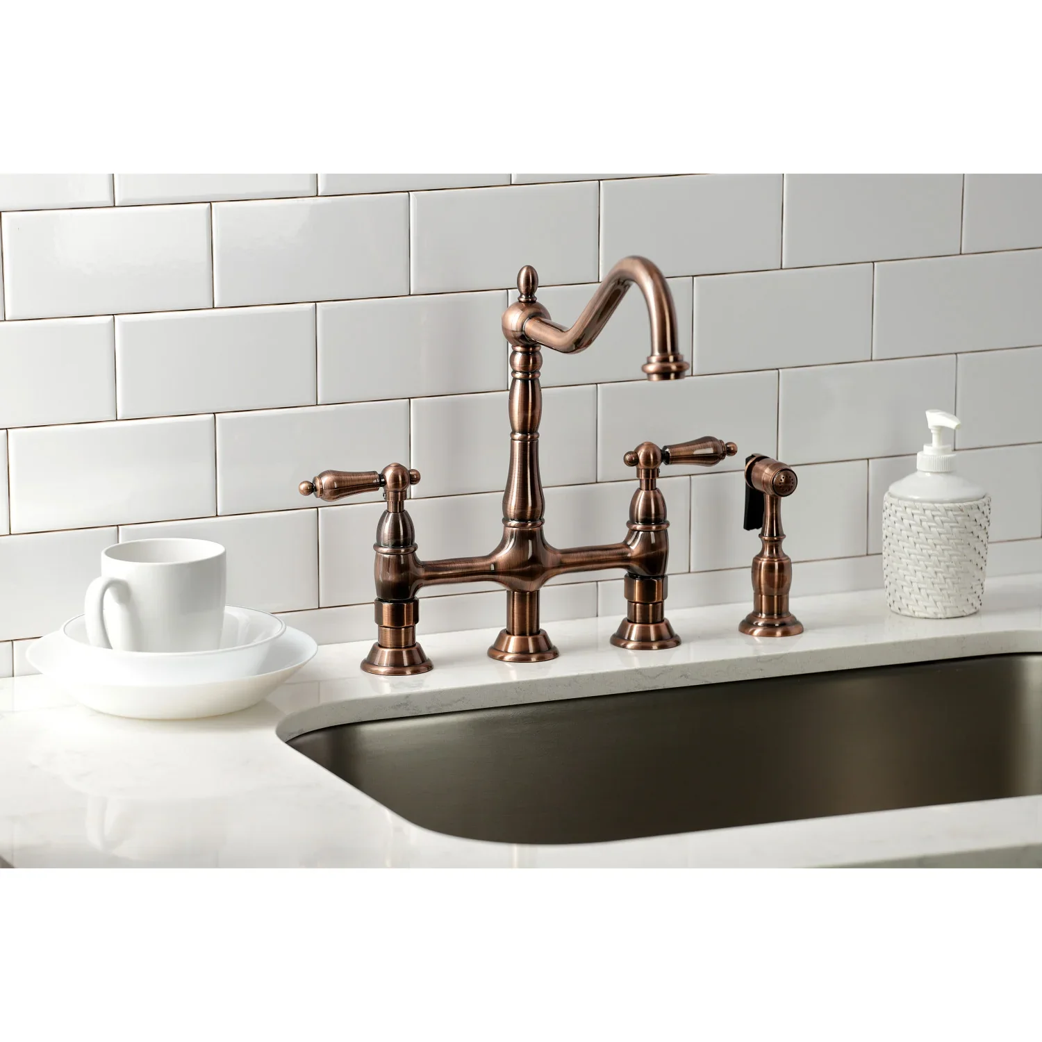 Kingston Brass Heritage Bridge Kitchen Faucet with Brass Side Sprayer, Antique Copper (KS127ALBSAC) - Image 2