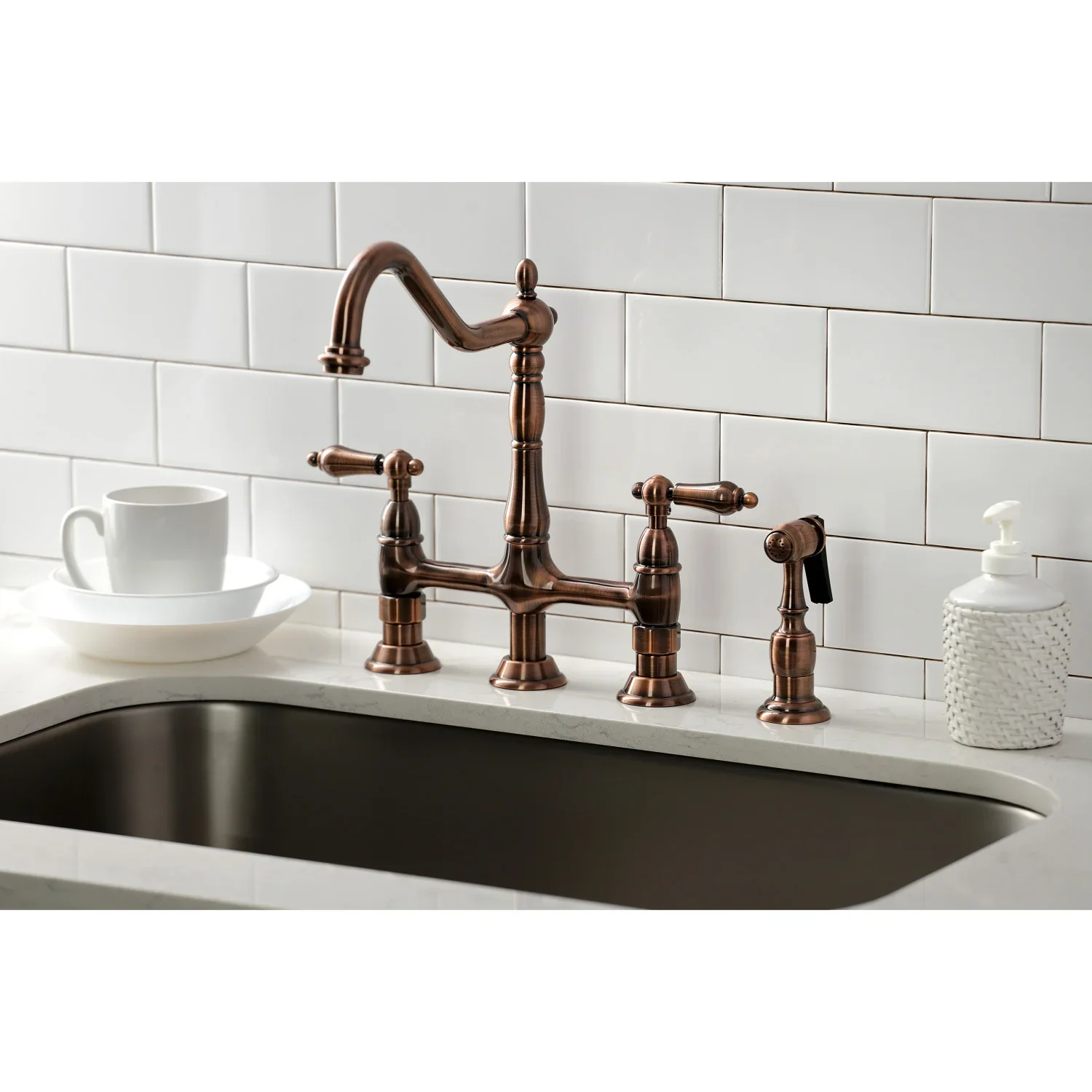 Kingston Brass Heritage Bridge Kitchen Faucet with Brass Side Sprayer, Antique Copper (KS127ALBSAC) - Image 3