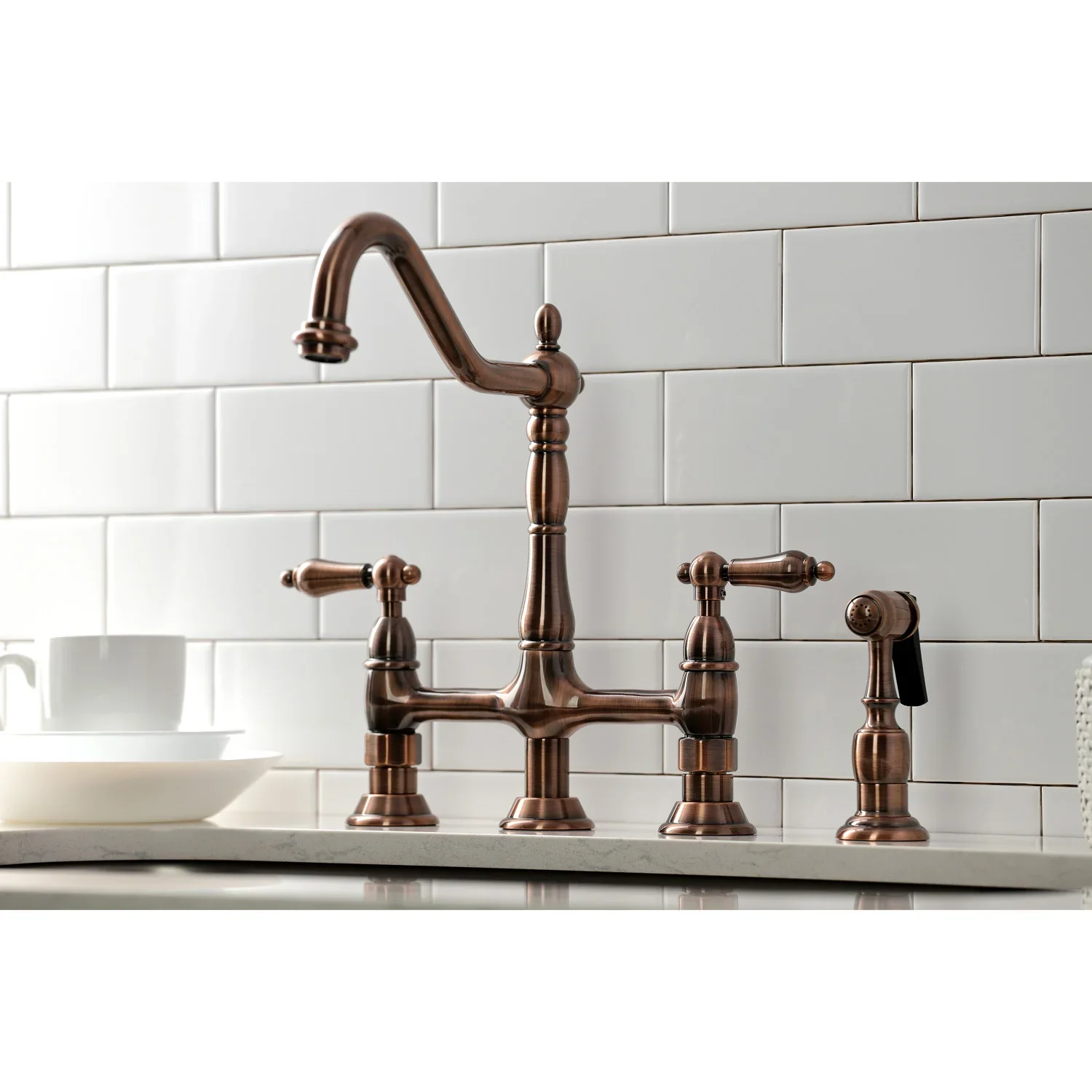 Kingston Brass Heritage Bridge Kitchen Faucet with Brass Side Sprayer, Antique Copper (KS127ALBSAC) - Image 4