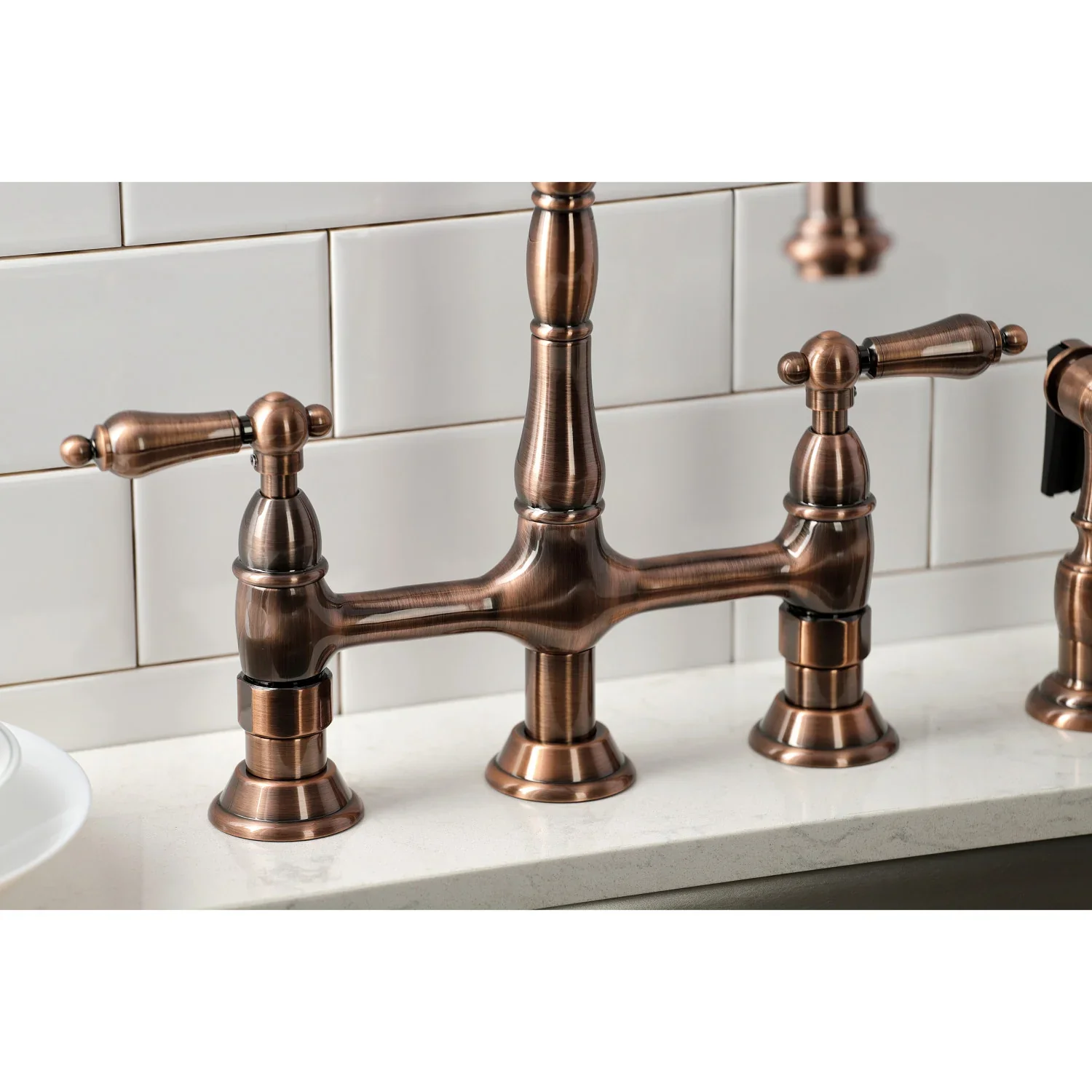 Kingston Brass Heritage Bridge Kitchen Faucet with Brass Side Sprayer, Antique Copper (KS127ALBSAC) - Image 5