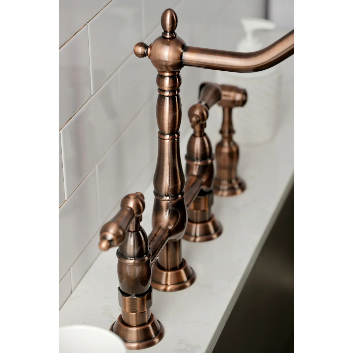 Kingston Brass Heritage Bridge Kitchen Faucet with Brass Side Sprayer, Antique Copper (KS127ALBSAC) - Image 6