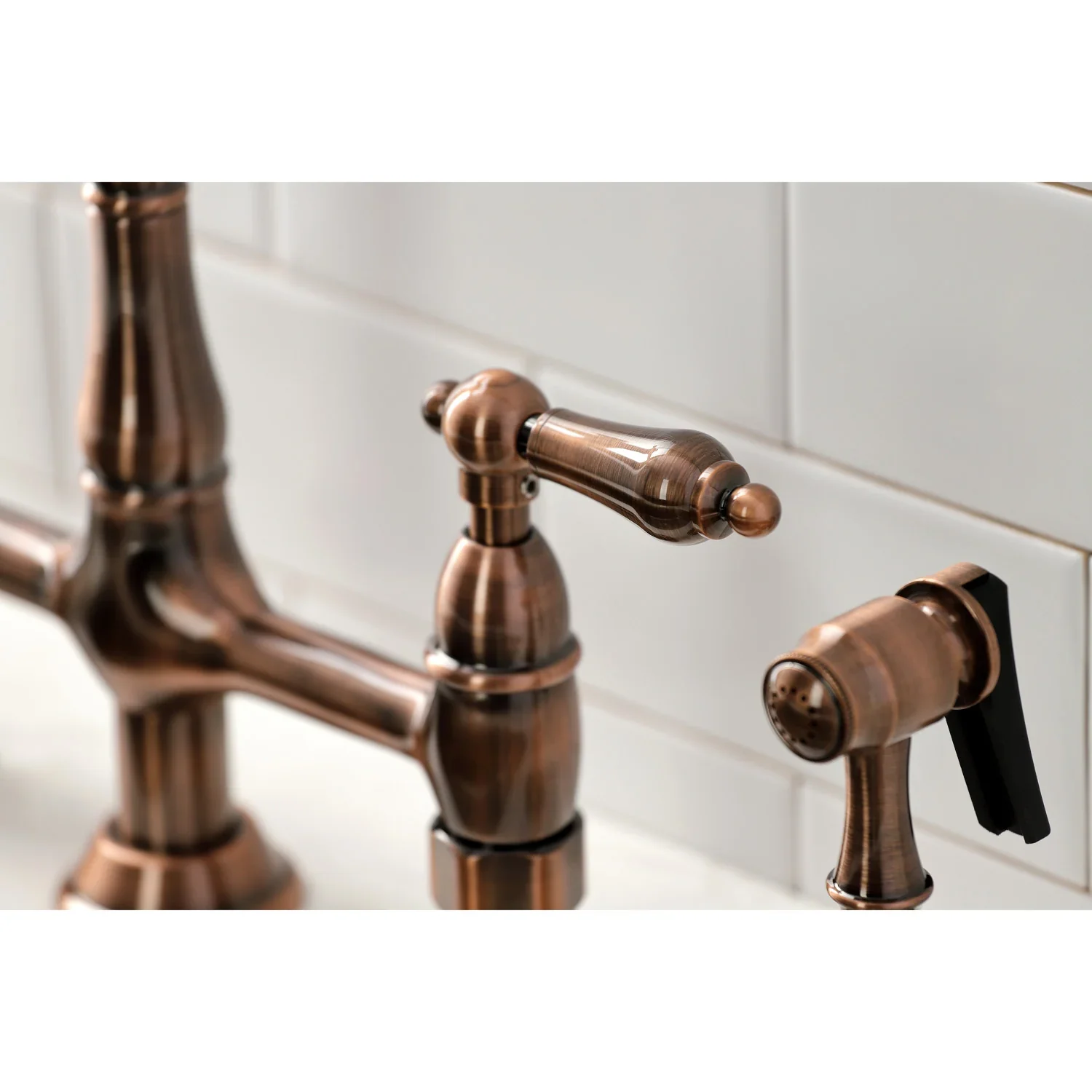 Kingston Brass Heritage Bridge Kitchen Faucet with Brass Side Sprayer, Antique Copper (KS127ALBSAC) - Image 9