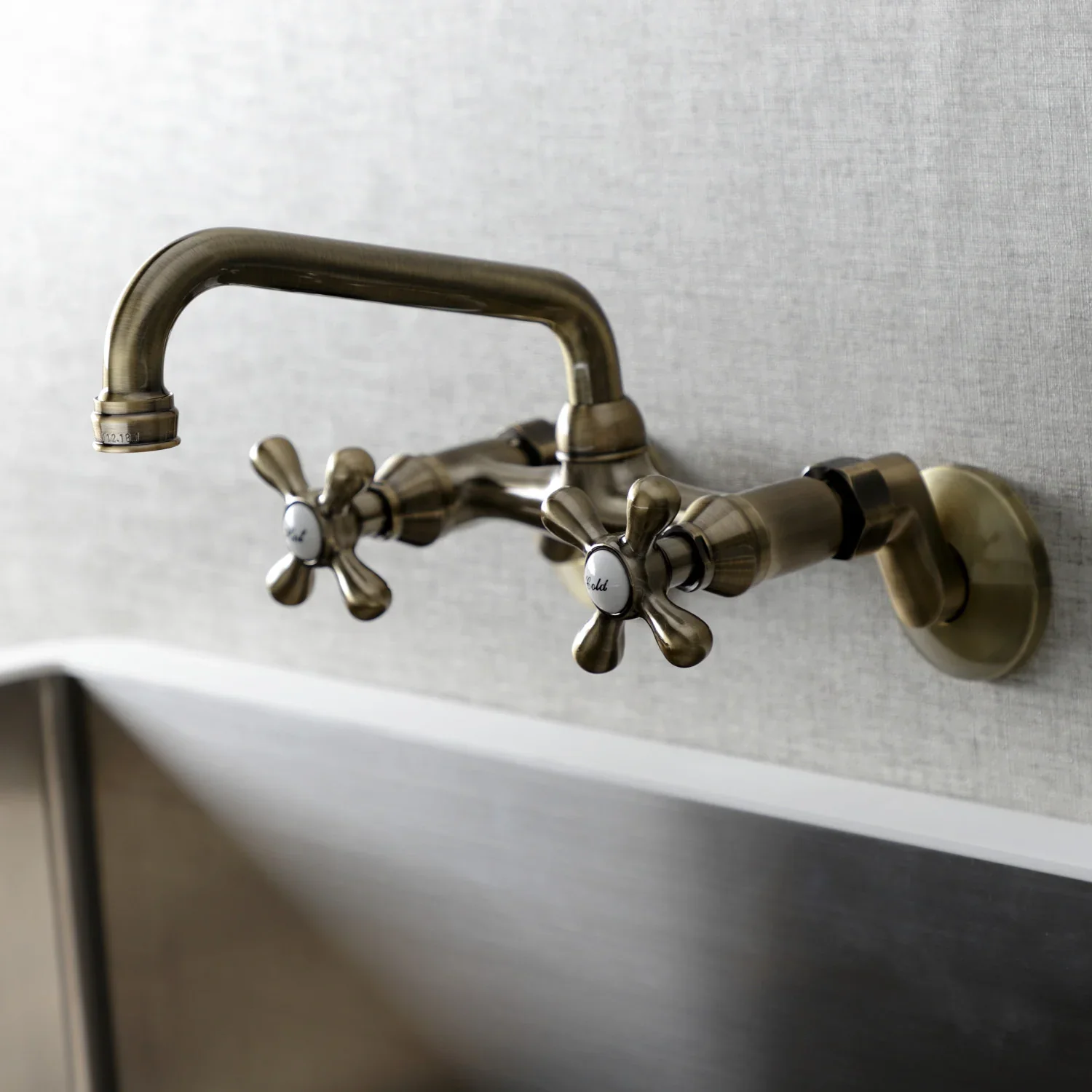 Kingston Brass Kingston Double-Handle Wall-Mount Bridge Kitchen Faucet, Antique Brass (KS213AB) - Image 2