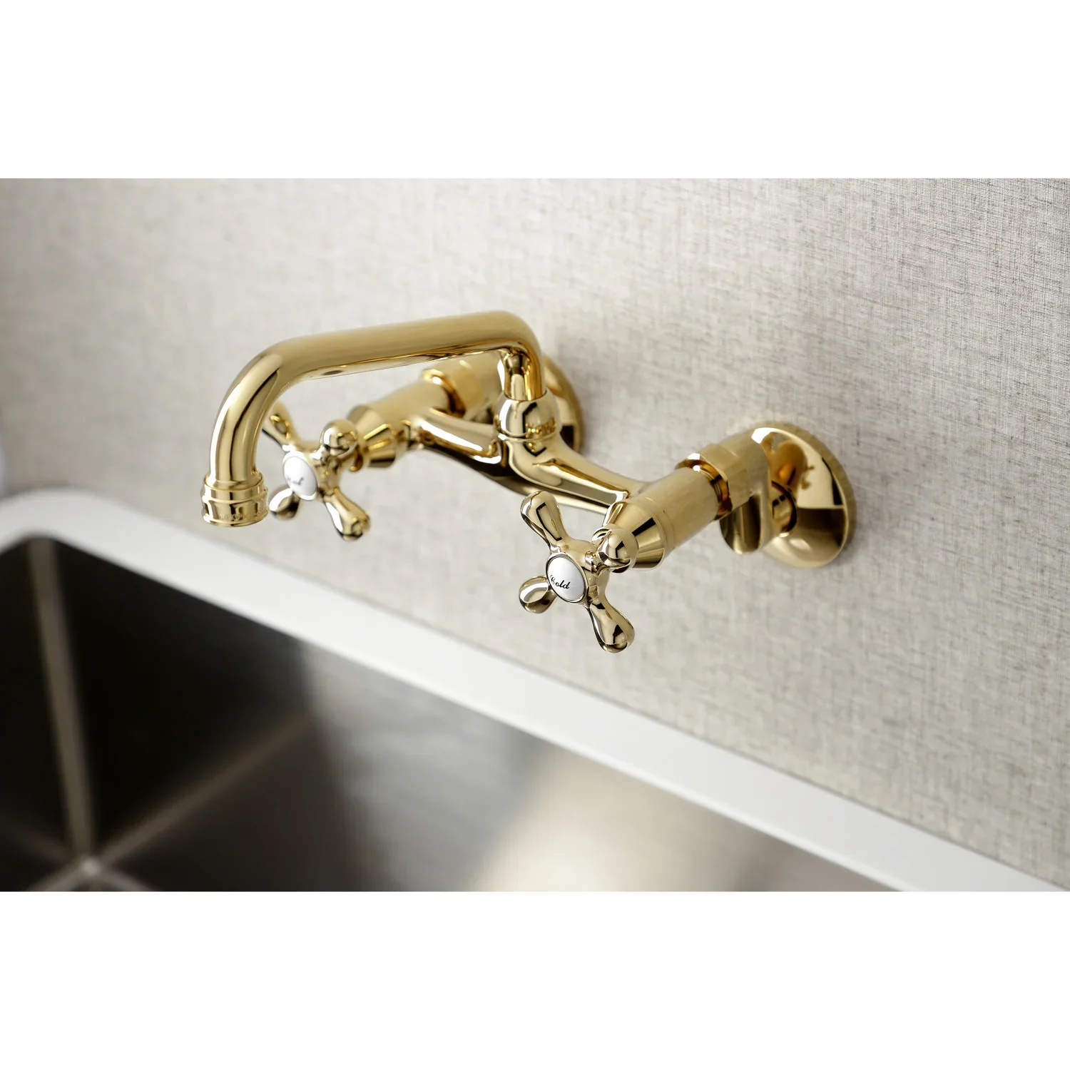 Kingston Brass Kingston Double-Handle Wall-Mount Bridge Kitchen Faucet, Polished Brass (KS213PB) - Image 2