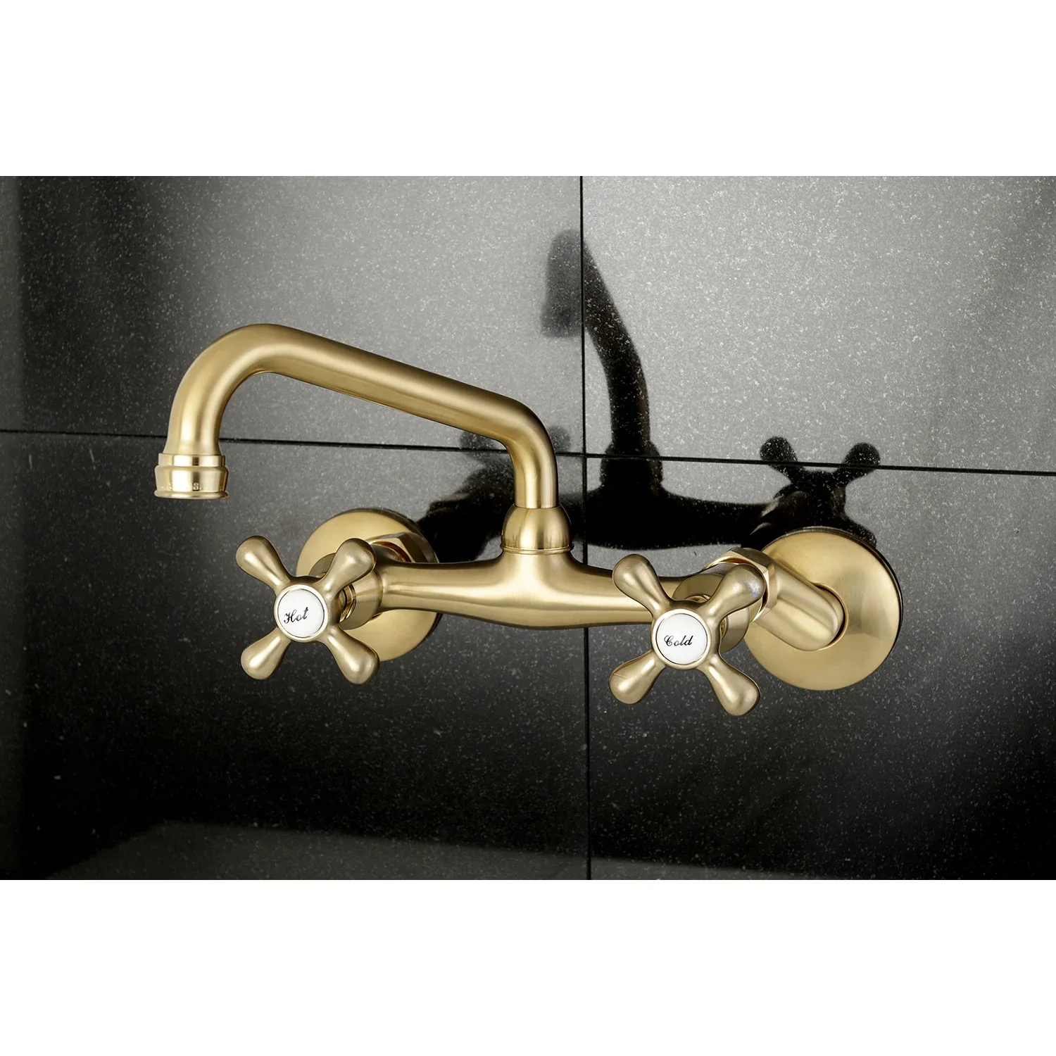 Kingston Brass Kingston Double-Handle Wall-Mount Bridge Kitchen Faucet, Brushed Brass (KS213SB) - Image 2