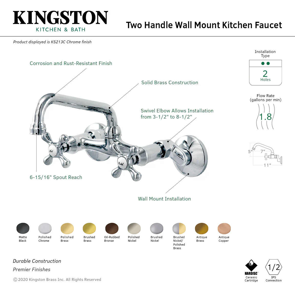 Kingston Brass Kingston Double-Handle Wall-Mount Bridge Kitchen Faucet, Oil Rubbed Bronze (KS213ORB) - Image 7