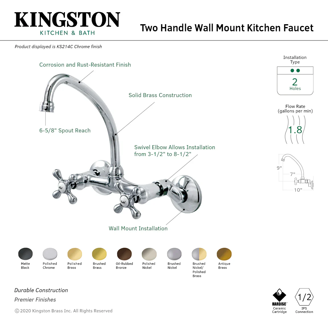 Kingston Brass Kingston Double-Handle Wall-Mount Bridge Kitchen Faucet, Polished Nickel (KS214PN) - Image 2