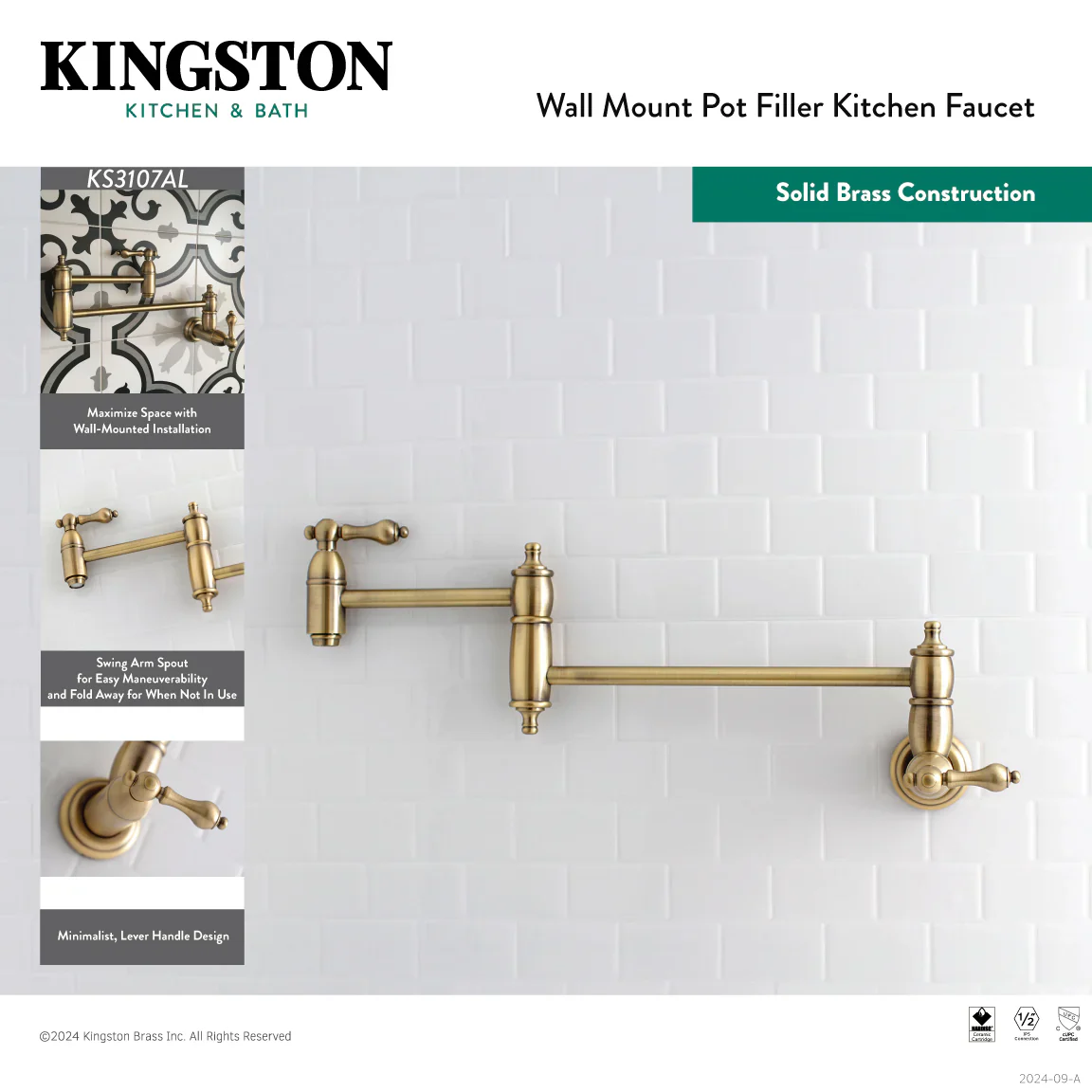 Kingston Brass Restoration Wall Mount Pot Filler Faucet, Brushed Brass (KS3107AL) - Image 4