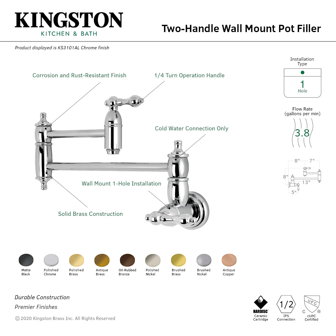 Kingston Brass Restoration Wall Mount Pot Filler Faucet, Matte Black (KS3100AL) - Image 4