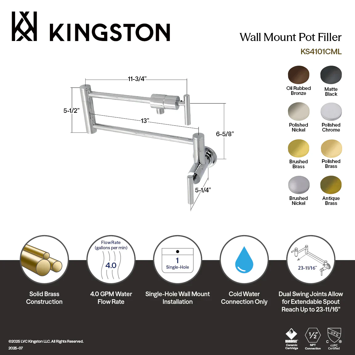 Kingston Brass Manhattan Wall Mount Pot Filler Faucet, Antique Brass (KS4103CML) - Image 5