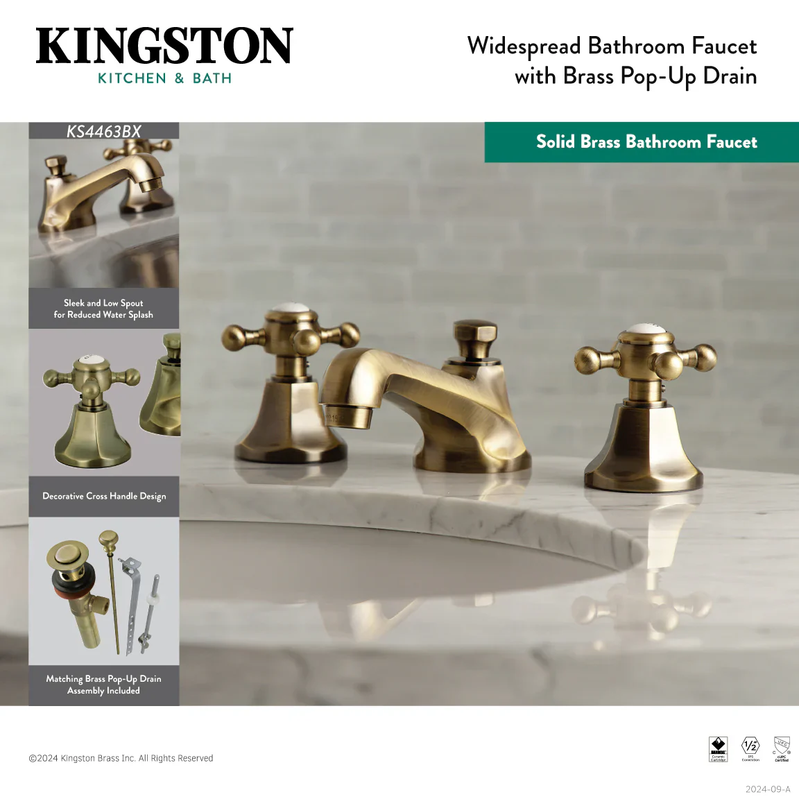 Kingston Brass Metropolitan Widespread Bathroom Faucet with Brass Pop-Up, Antique Brass (KS4463BX) - Image 4